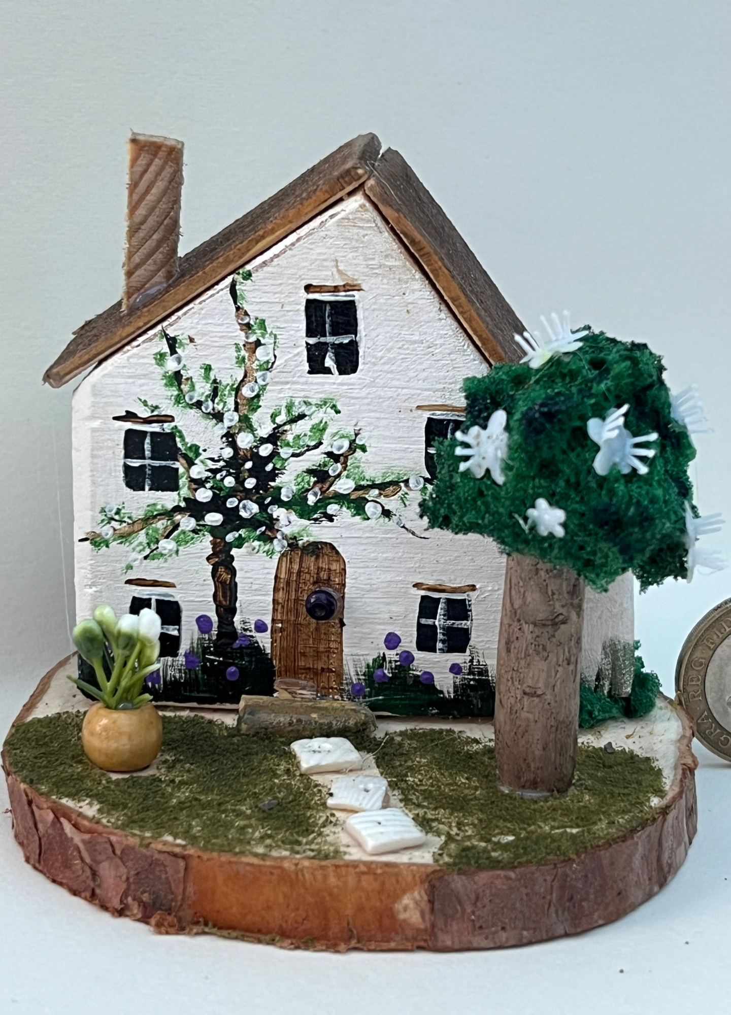 Miniature diorama with a house, and plants on a white background (RRH1041)