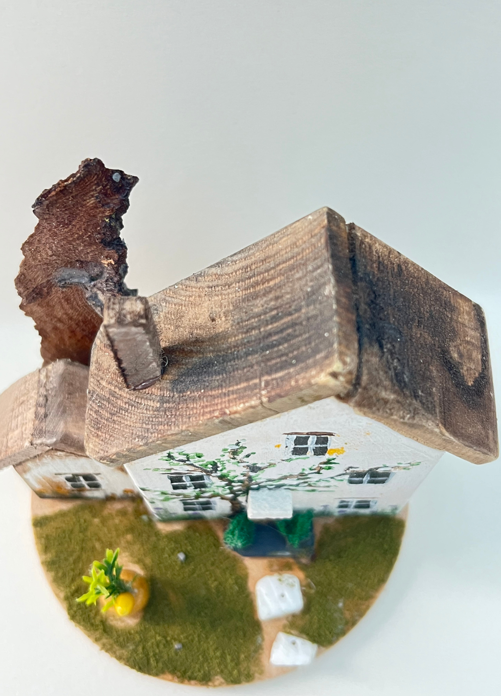 Miniature diorama with a house, and plants on a white background (RRH1043)