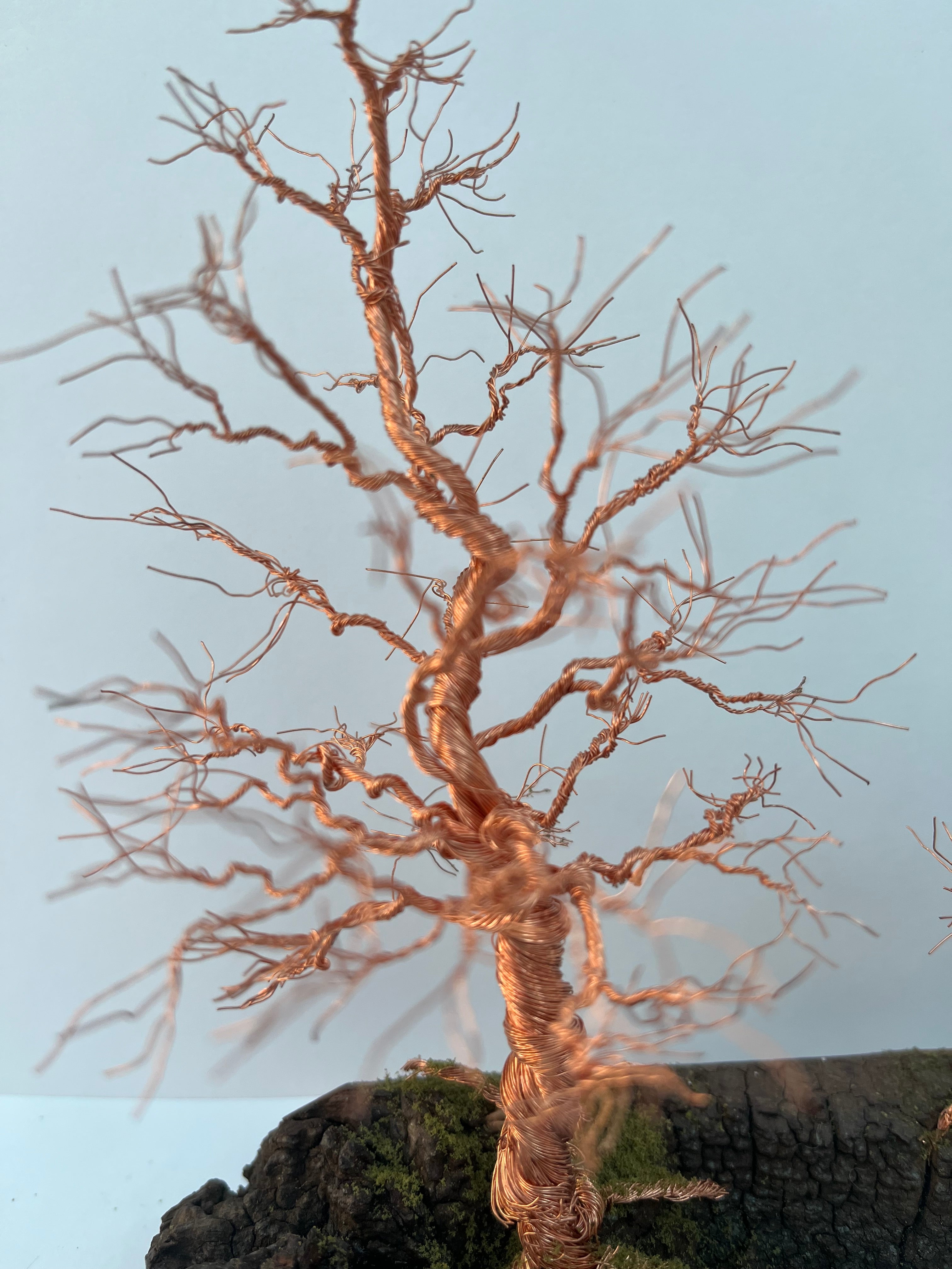 Pair of Handcrafted miniature copper wire trees on natural bark (RR25T001)
