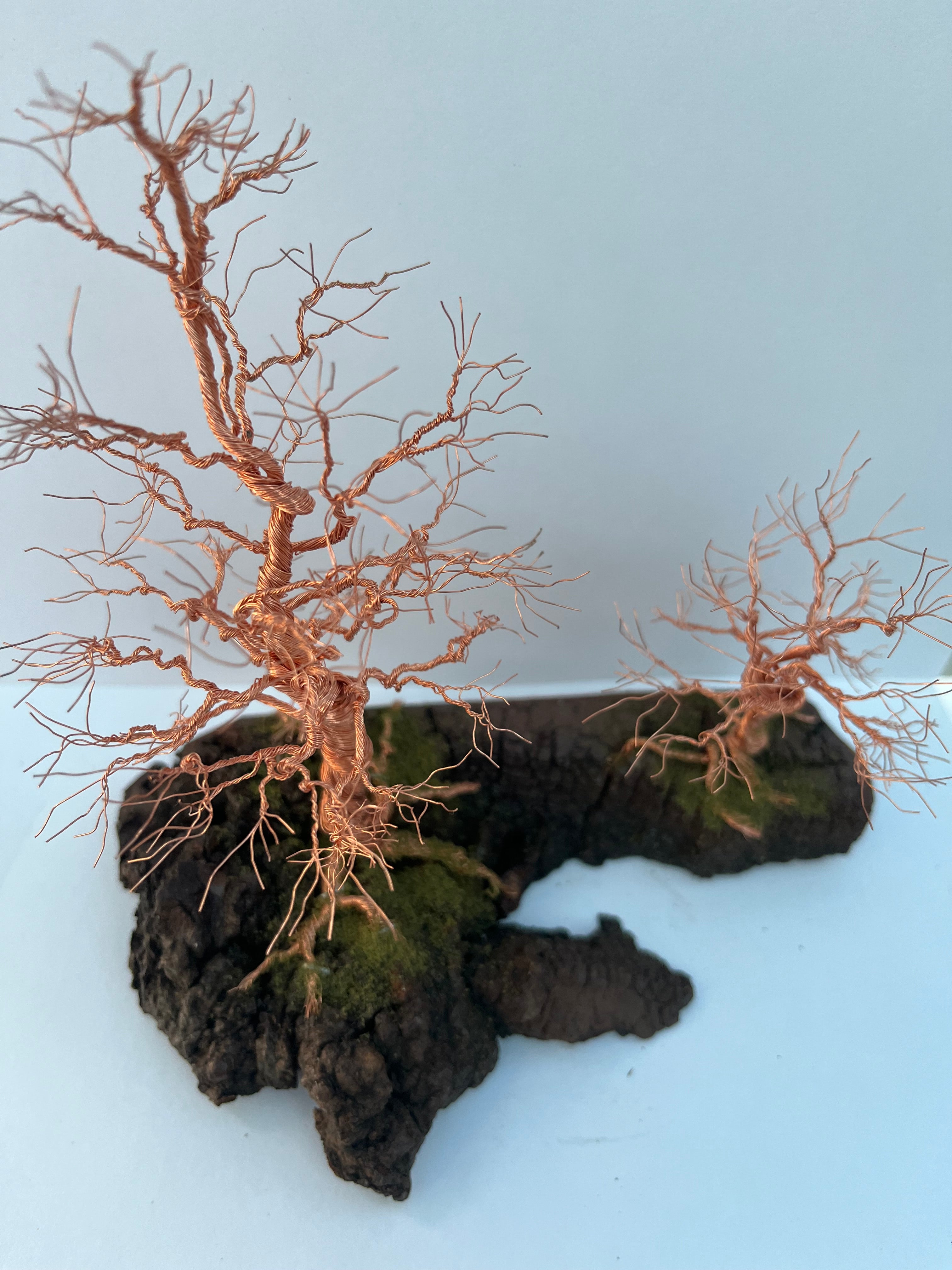 Pair of Handcrafted miniature copper wire trees on natural bark (RR25T001)
