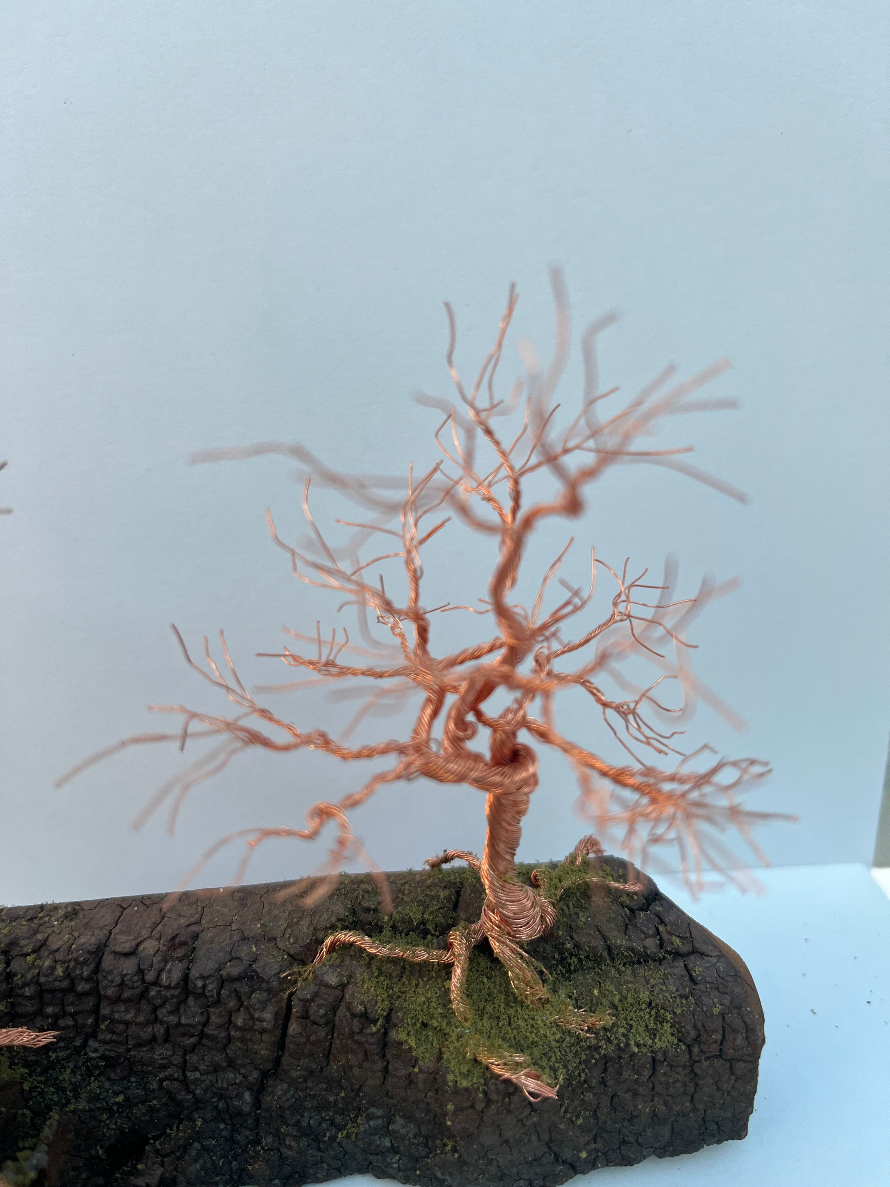 Pair of Handcrafted miniature copper wire trees on natural bark (RR25T001)
