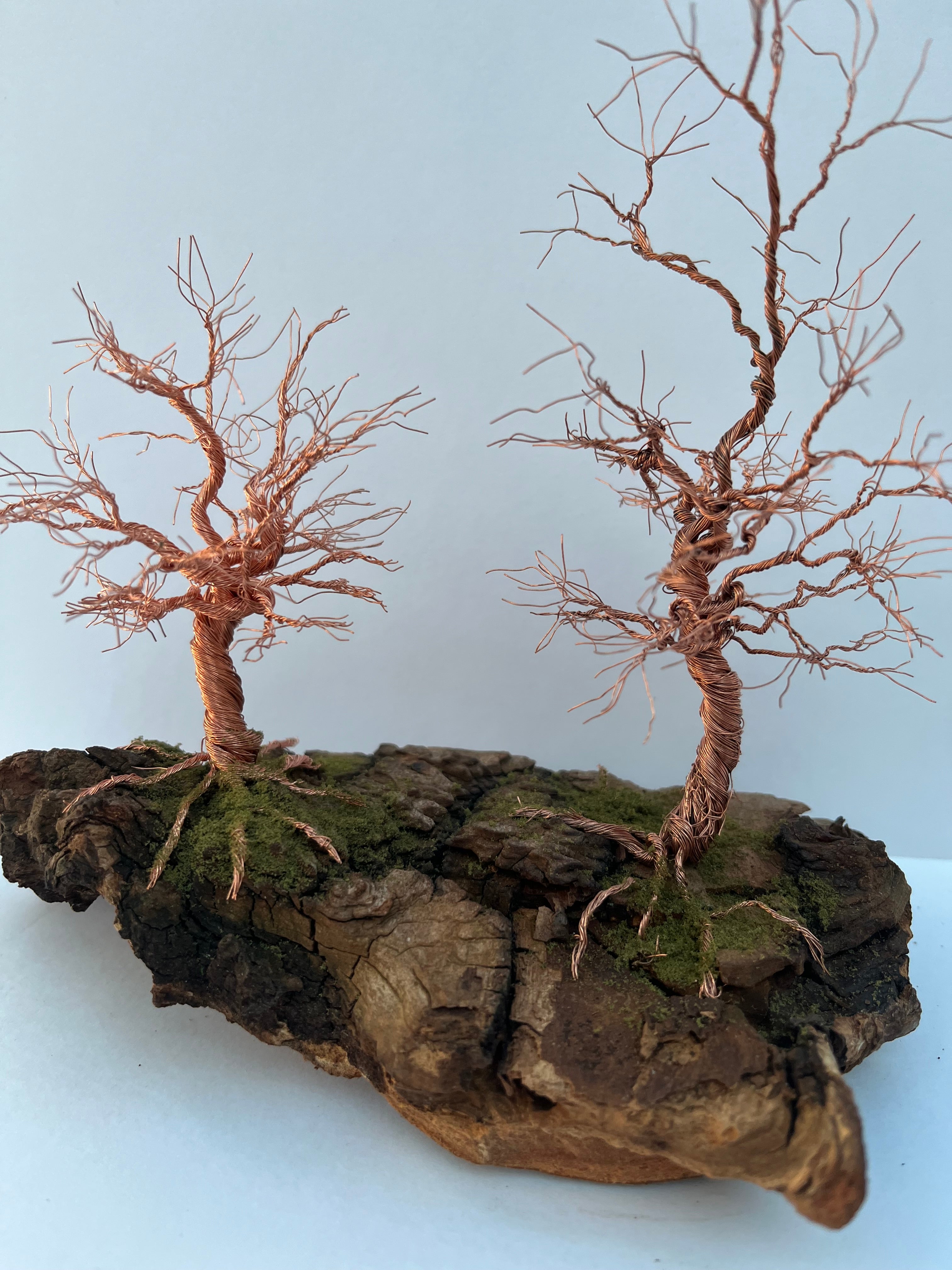 Single Handcrafted miniature copper wire tree on natural bark (RRT002)