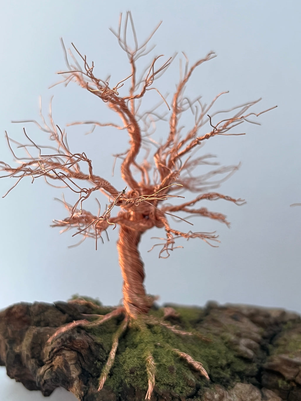 Single Handcrafted miniature copper wire tree on natural bark (RRT002)