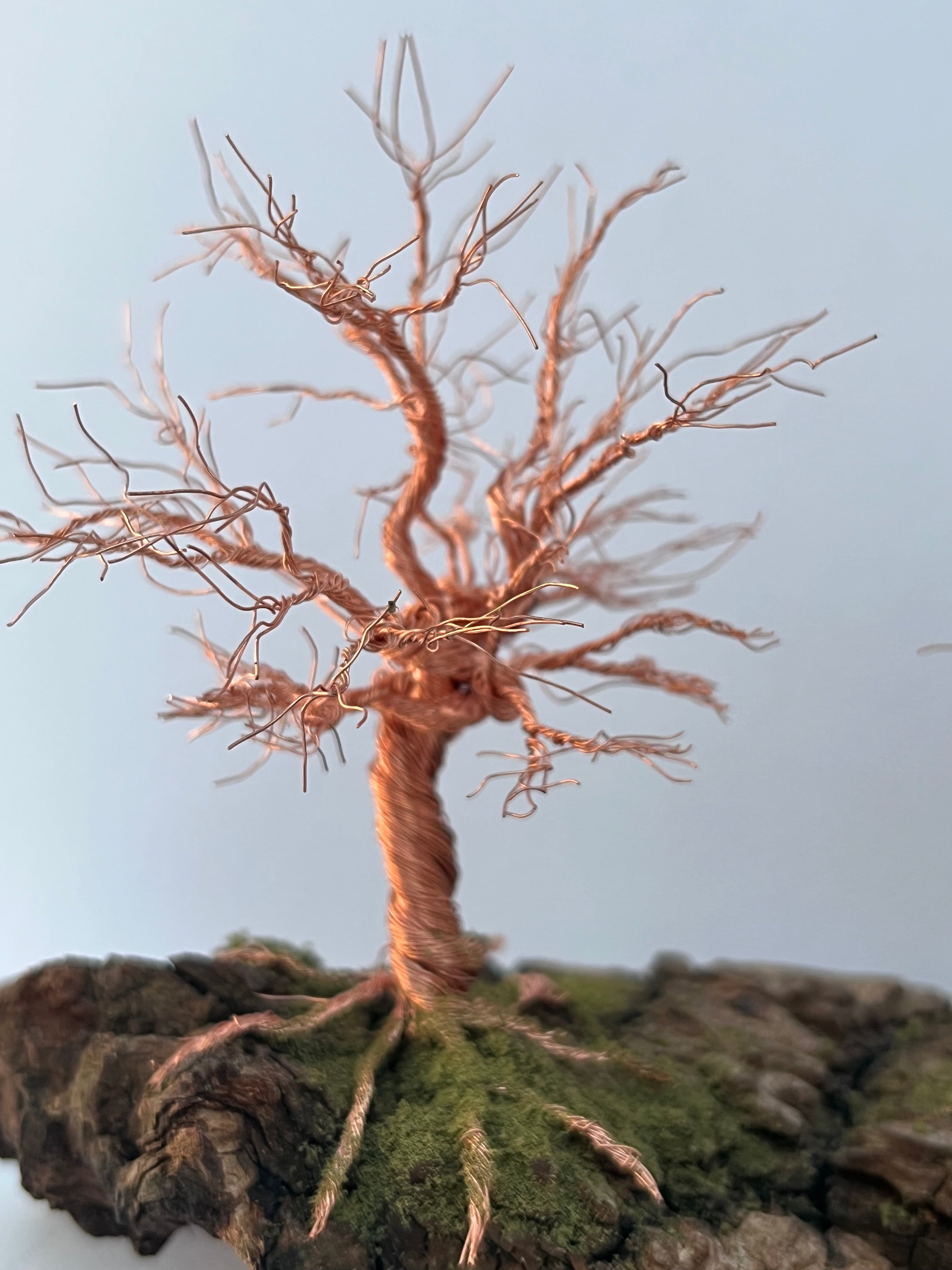 Single Handcrafted miniature copper wire tree on natural bark (RRT002)