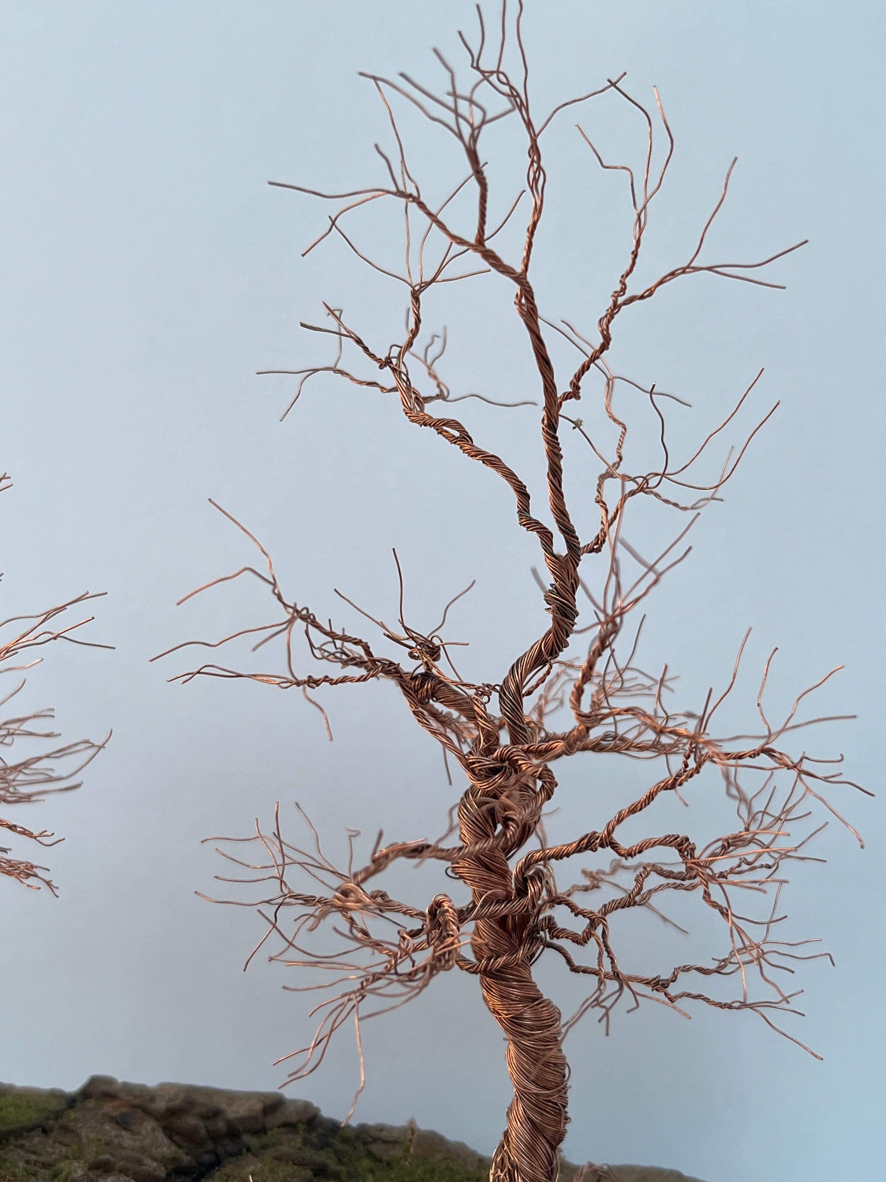 Single Handcrafted miniature copper wire tree on natural bark (RRT002)