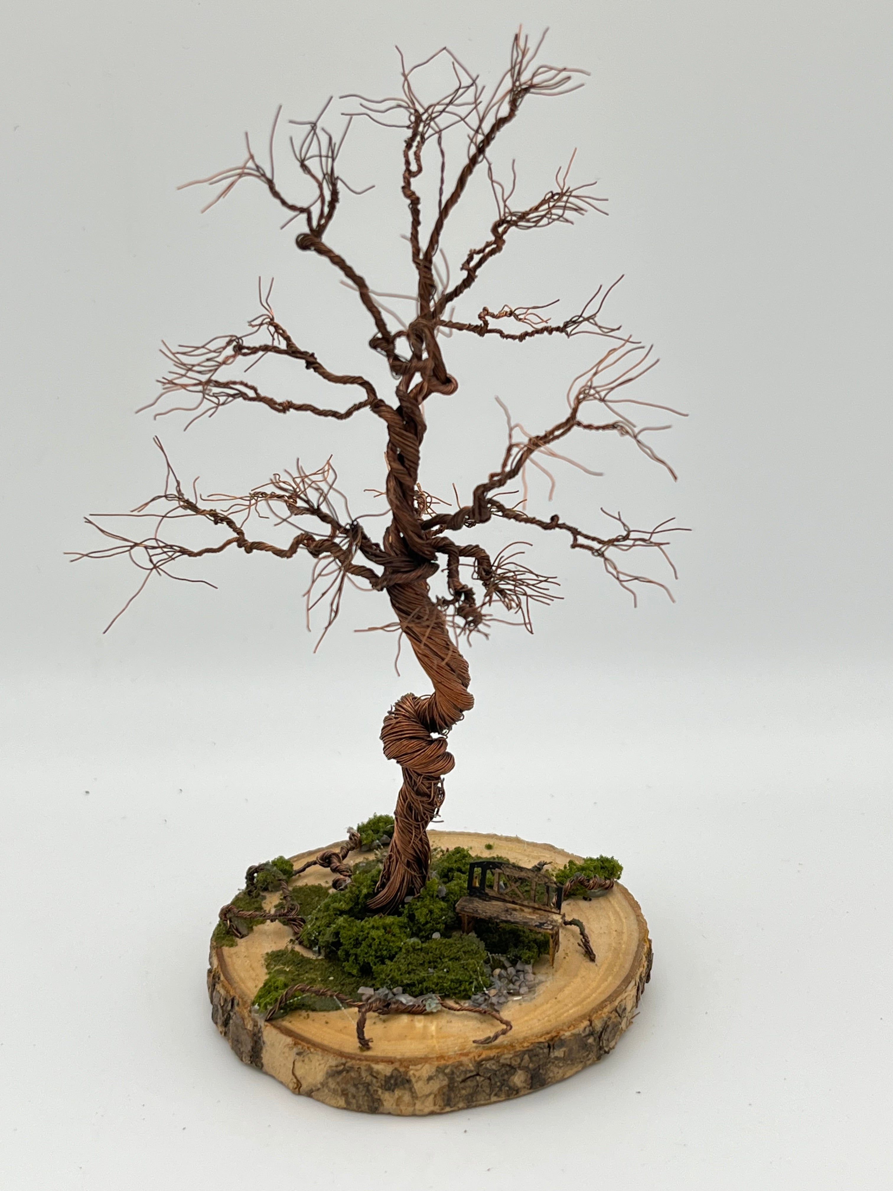 Single Handcrafted miniature copper wire tree on natural bark (RRT001)
