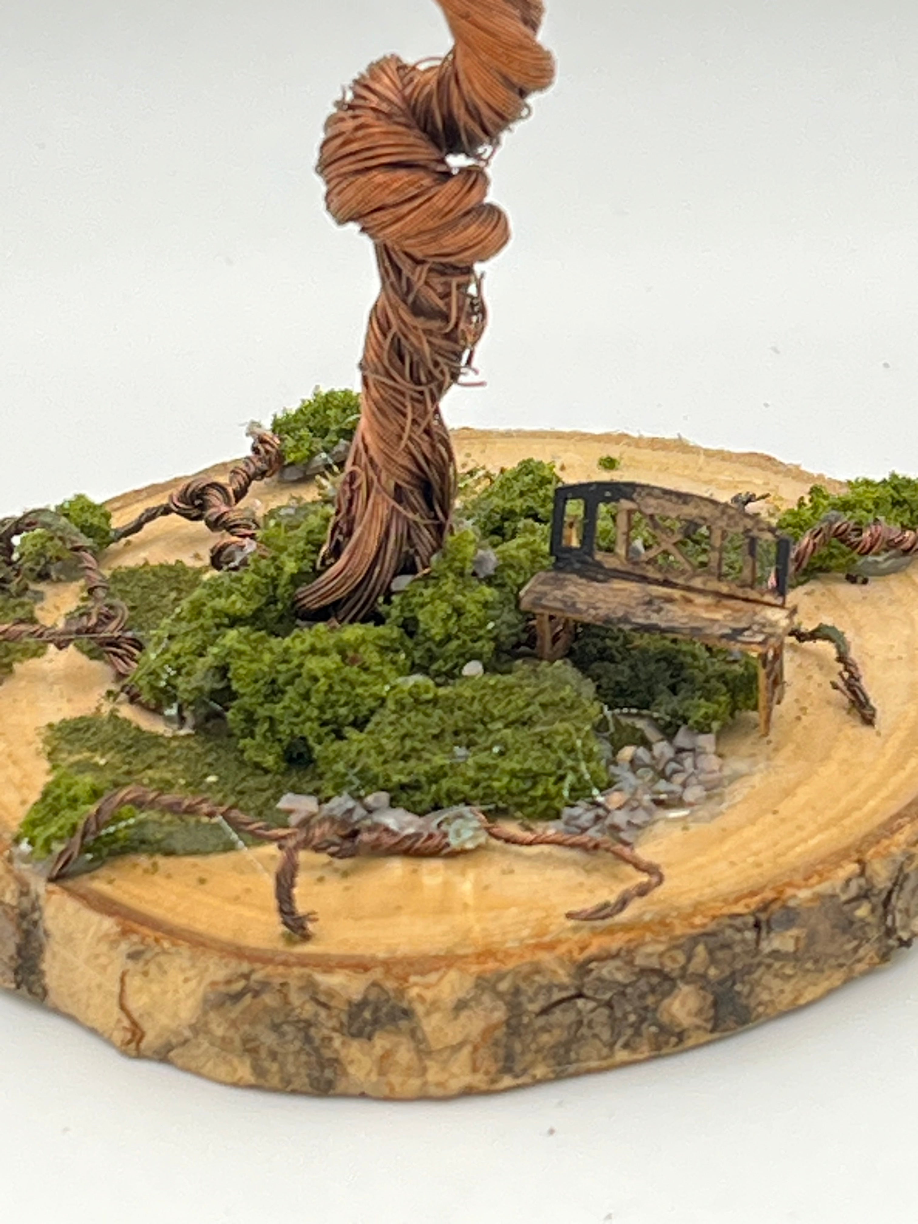 Single Handcrafted miniature copper wire tree on natural bark (RRT001)