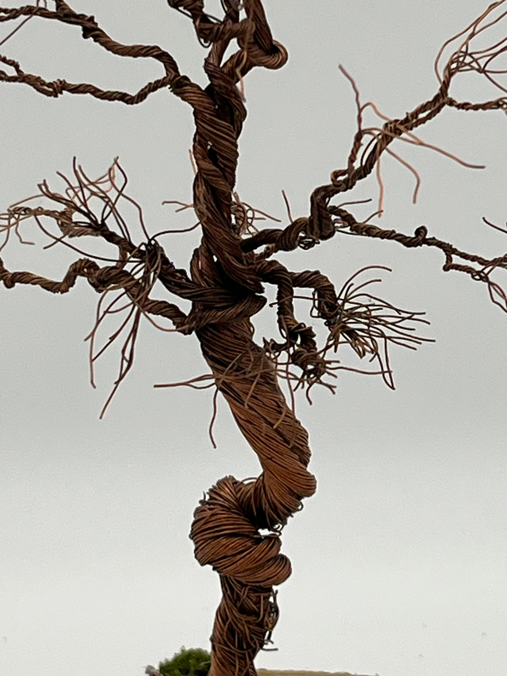Single Handcrafted miniature copper wire tree on natural bark (RRT001)
