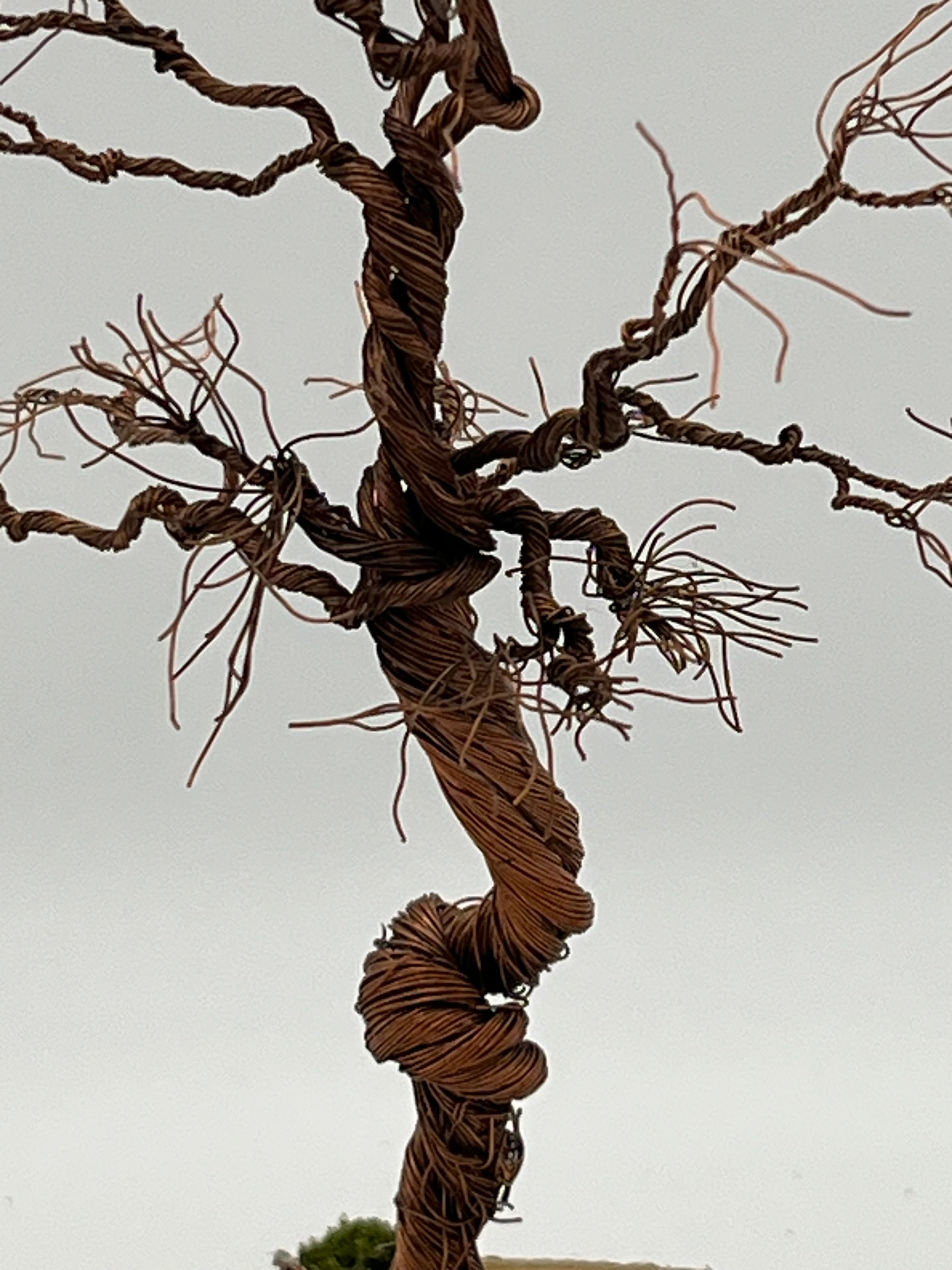 Single Handcrafted miniature copper wire tree on natural bark (RRT001)