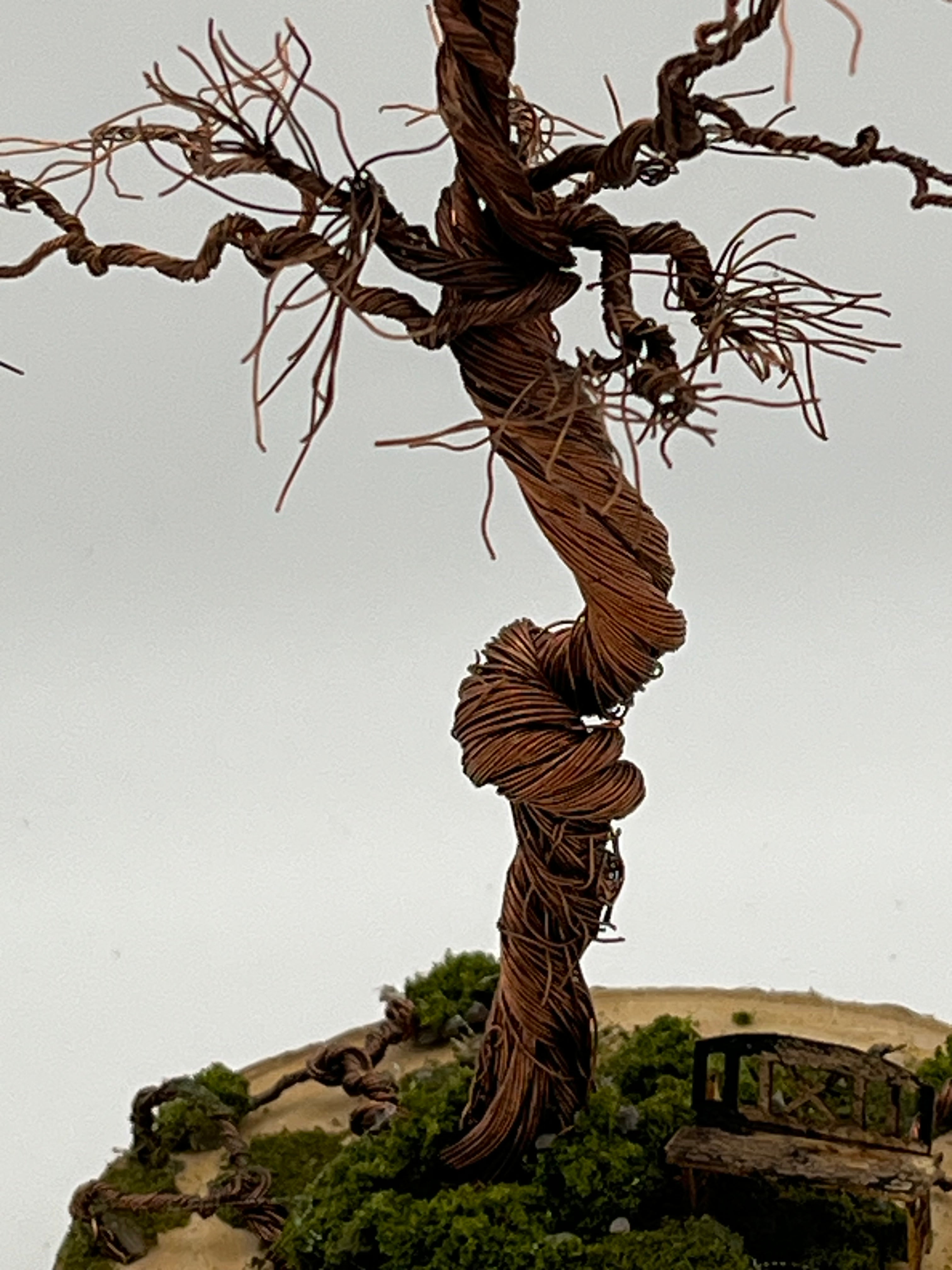 Single Handcrafted miniature copper wire tree on natural bark (RRT001)