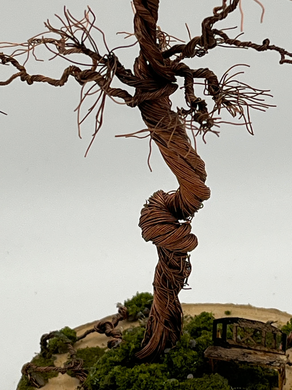 Single Handcrafted miniature copper wire tree on natural bark (RRT001)