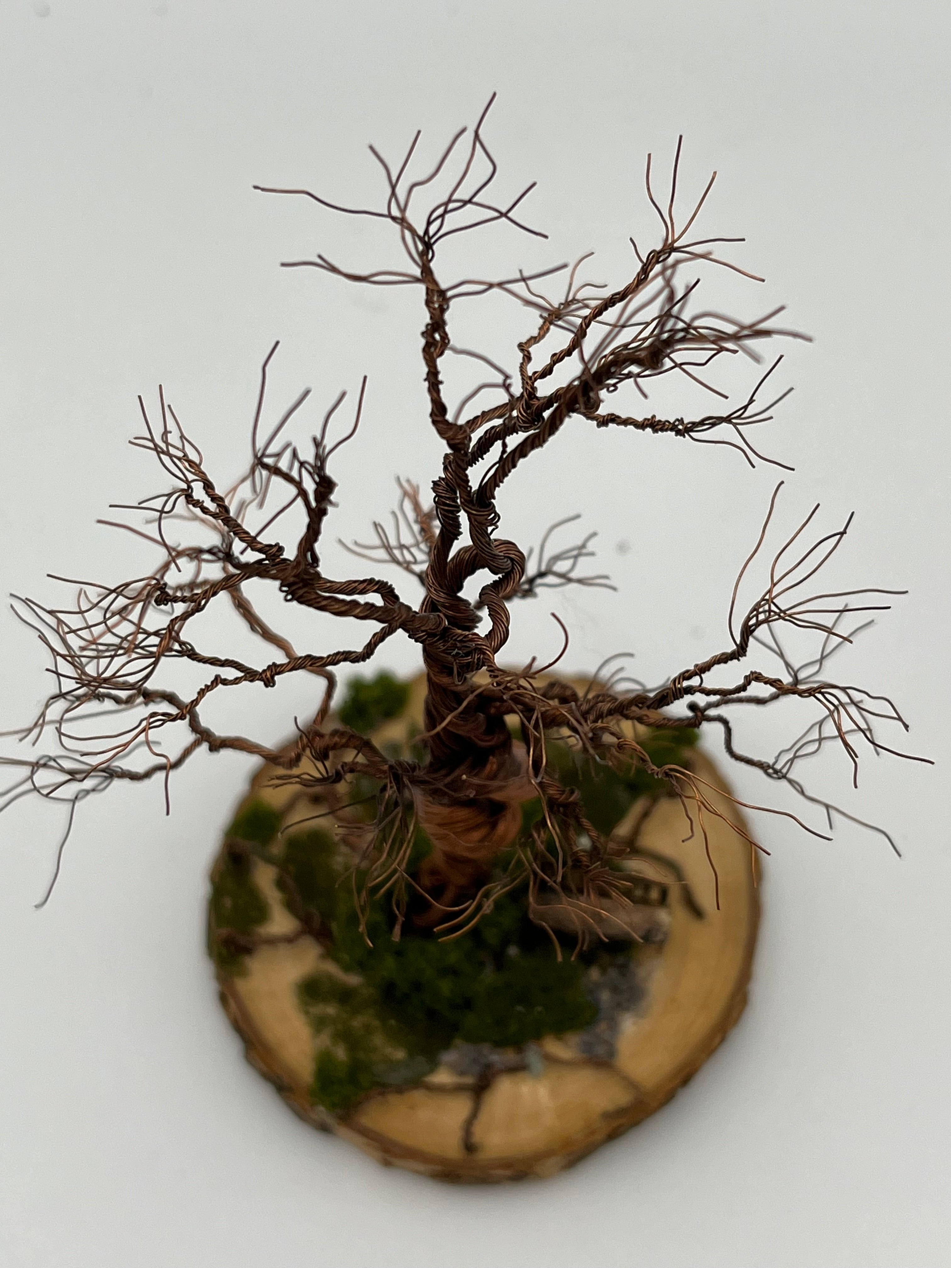 Single Handcrafted miniature copper wire tree on natural bark (RRT001)