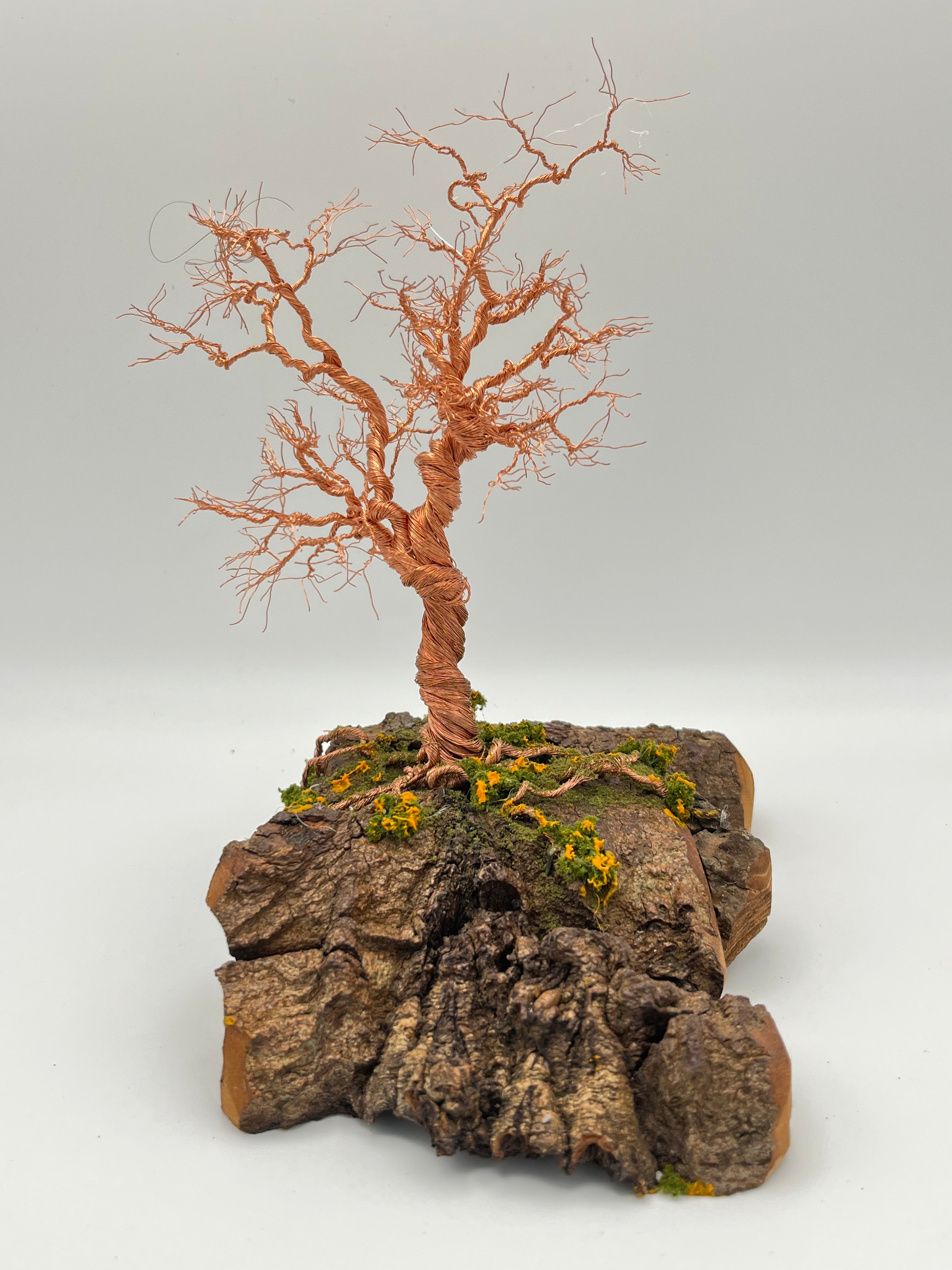 Single Handcrafted miniature copper wire tree on natural bark (RRT002)