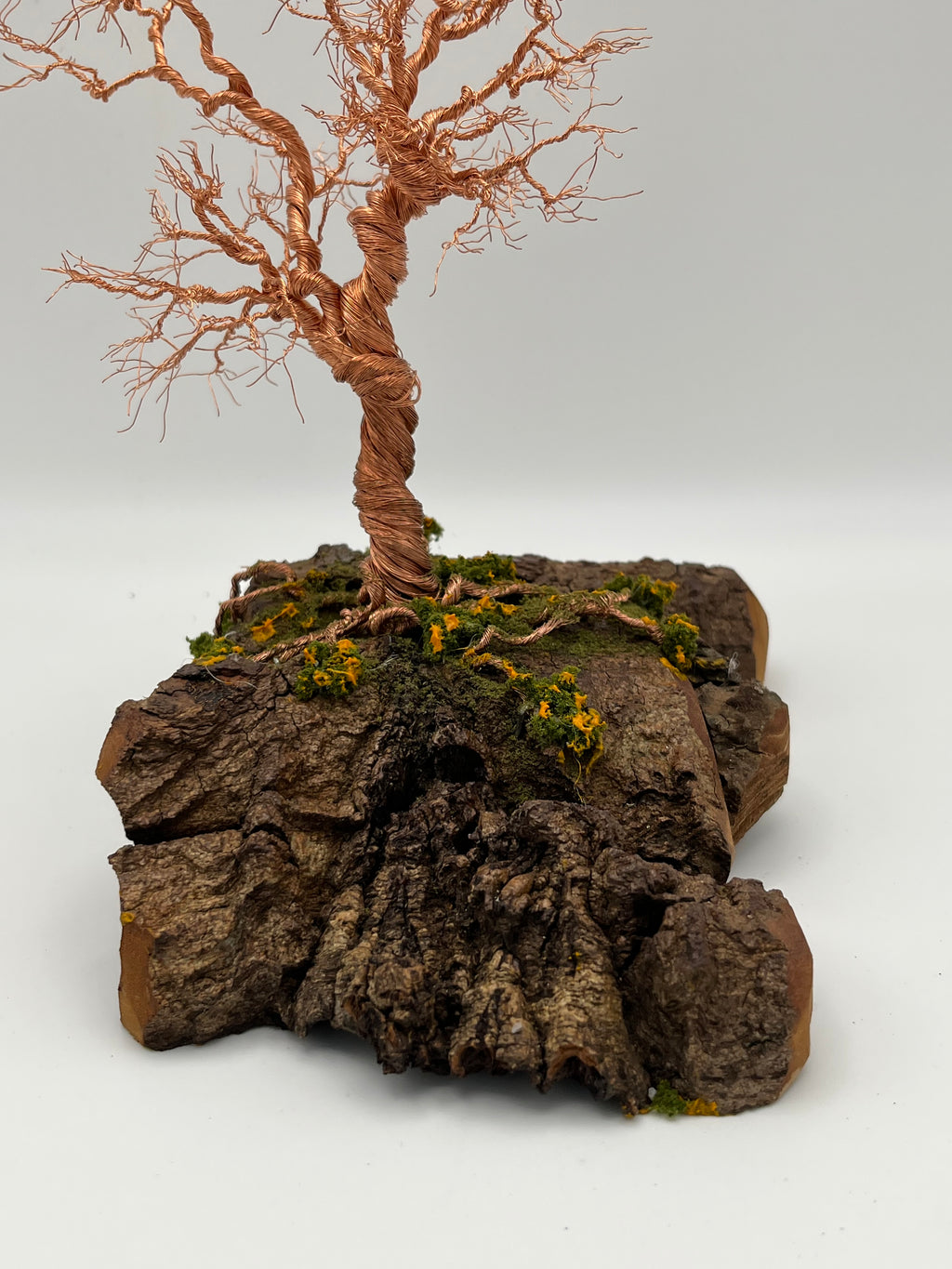 Single Handcrafted miniature copper wire tree on natural bark (RRT002)