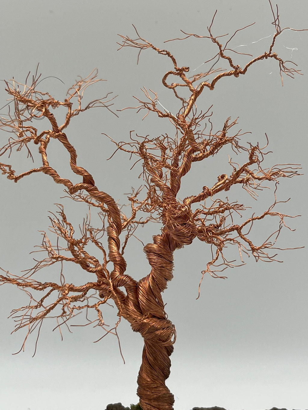 Single Handcrafted miniature copper wire tree on natural bark (RRT002)
