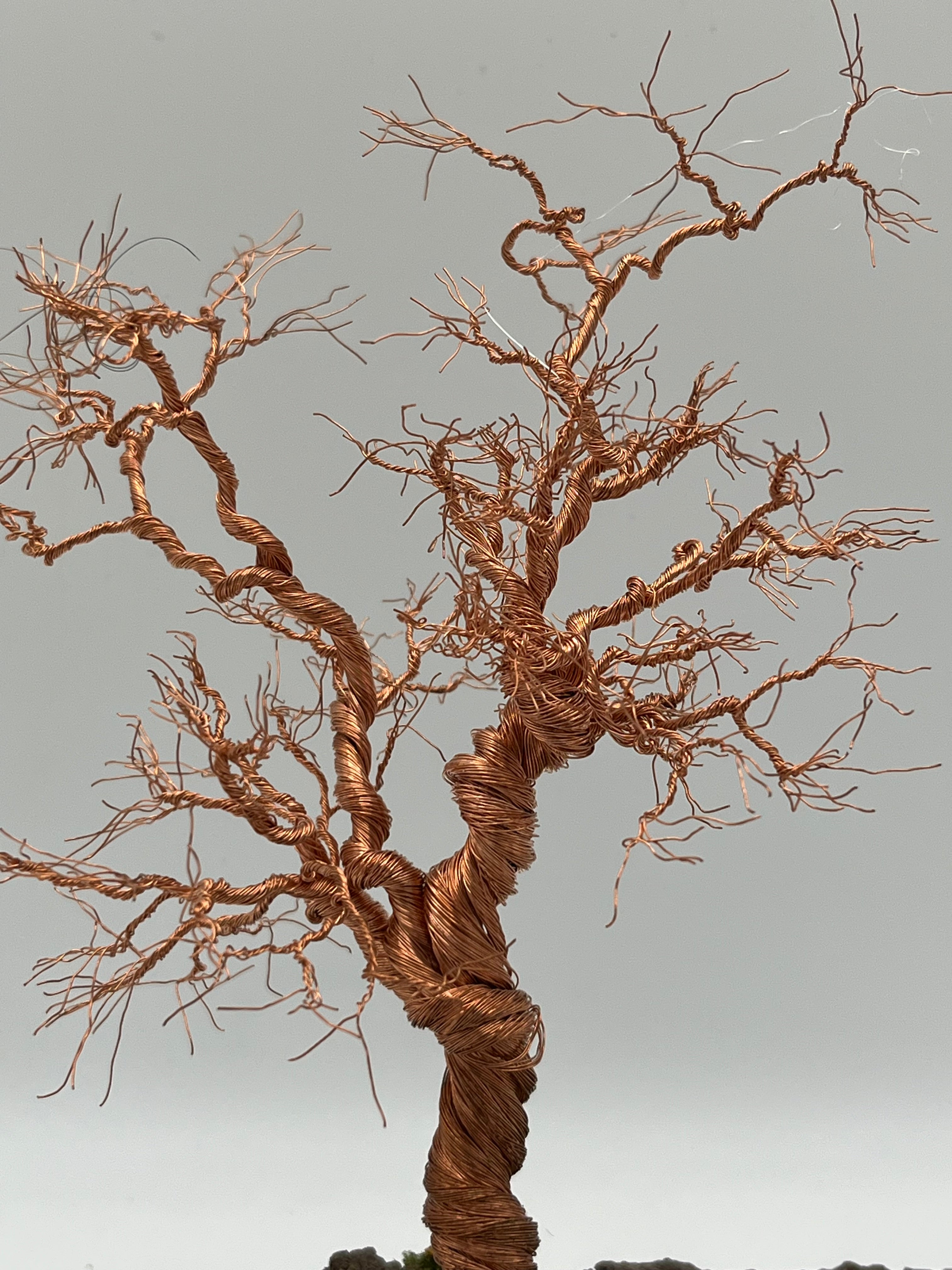 Single Handcrafted miniature copper wire tree on natural bark (RRT002)