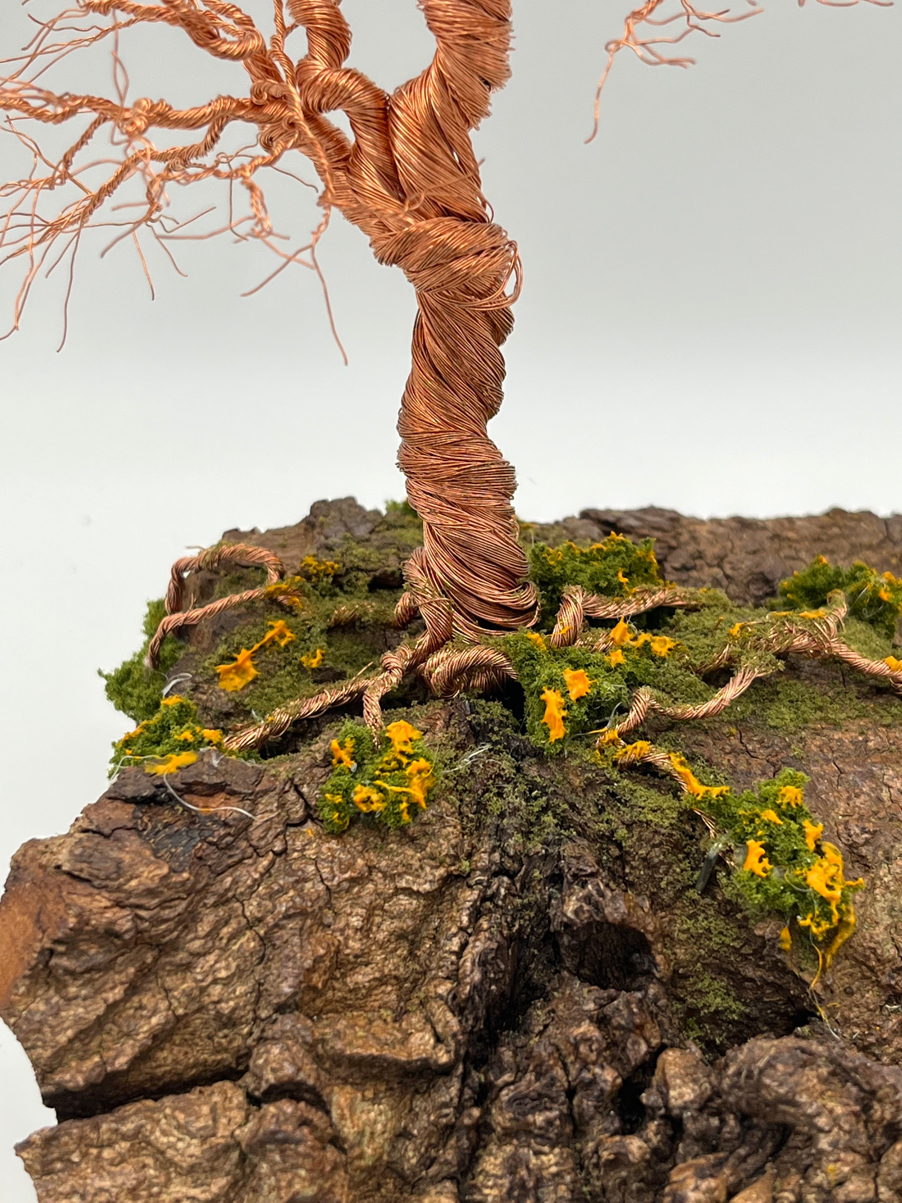 Single Handcrafted miniature copper wire tree on natural bark (RRT002)