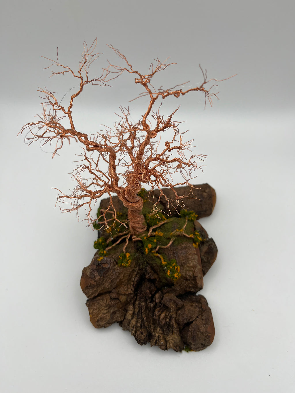 Single Handcrafted miniature copper wire tree on natural bark (RRT002)