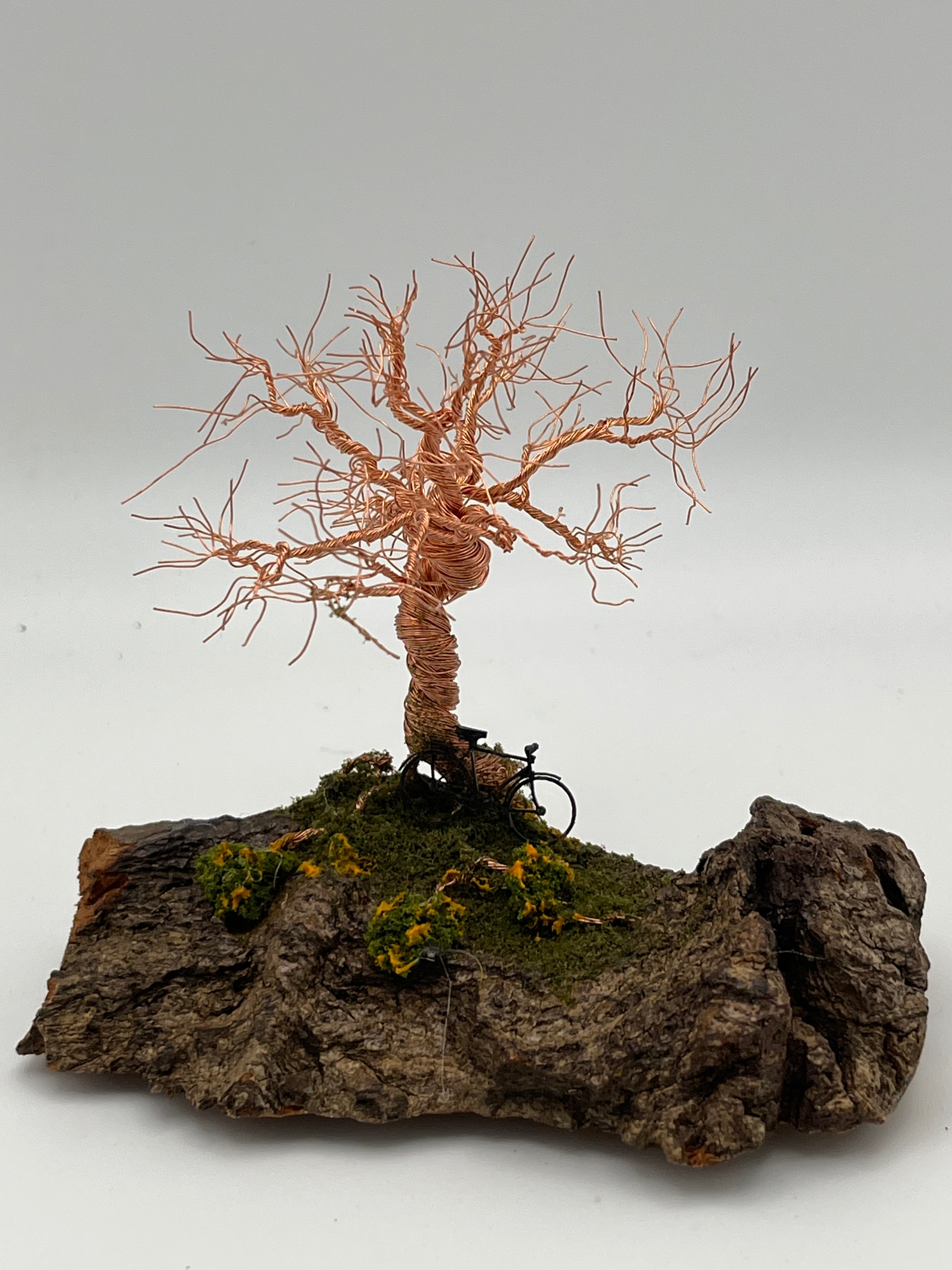 Single Handcrafted miniature copper wire tree on natural bark (RRT003)