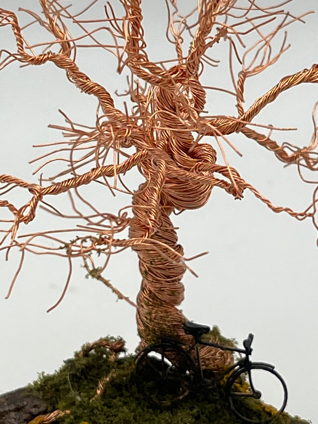 Single Handcrafted miniature copper wire tree on natural bark (RRT003)