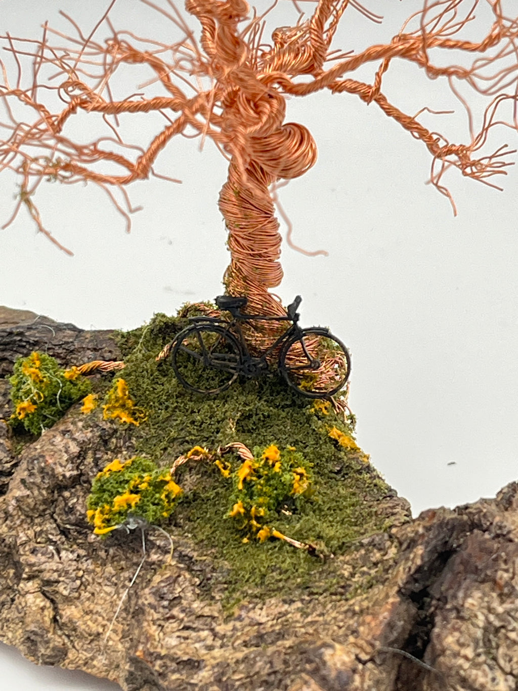 Single Handcrafted miniature copper wire tree on natural bark (RRT003)