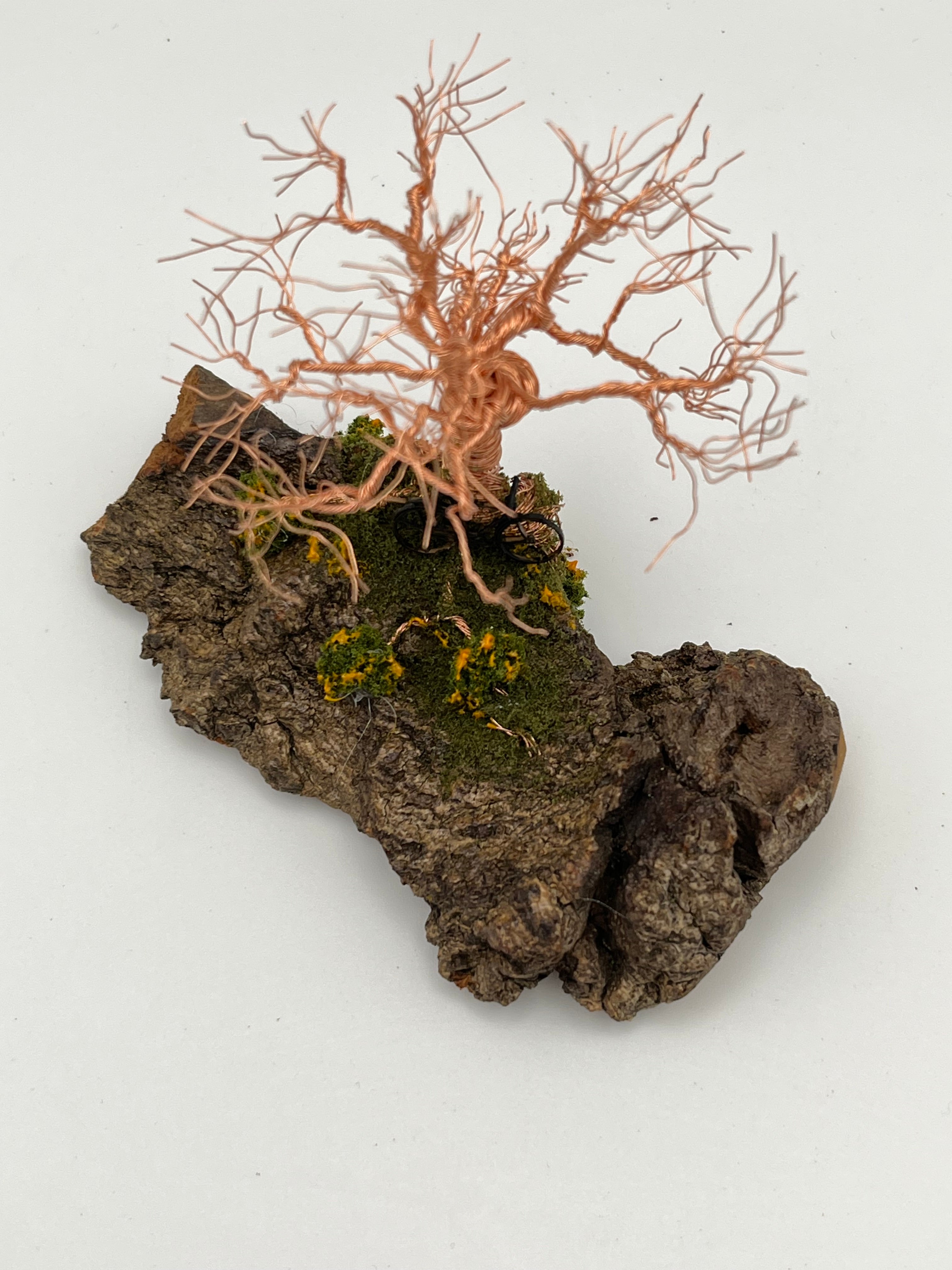Single Handcrafted miniature copper wire tree on natural bark (RRT003)