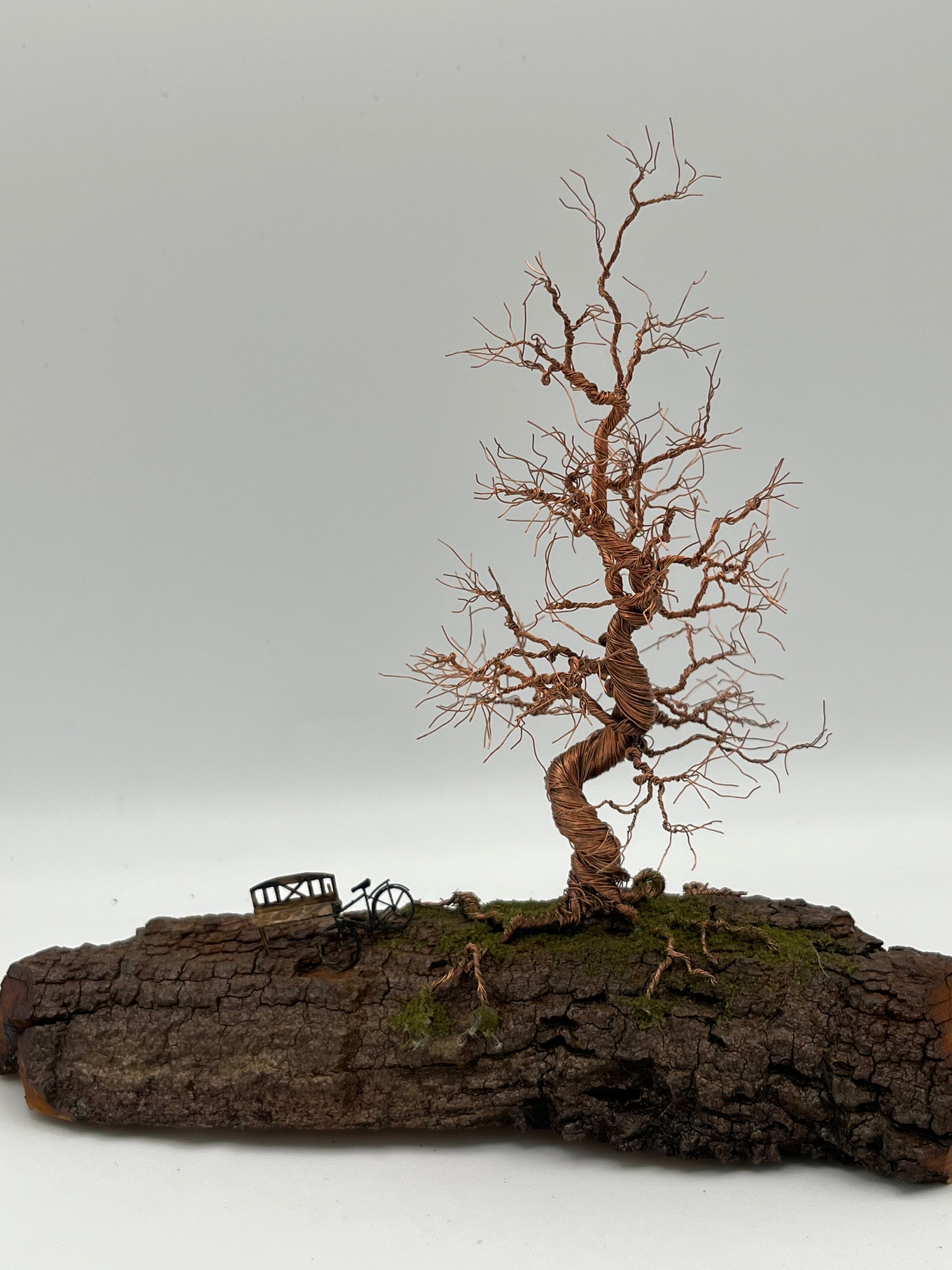 Single Handcrafted miniature copper wire tree on natural bark (RRT004)