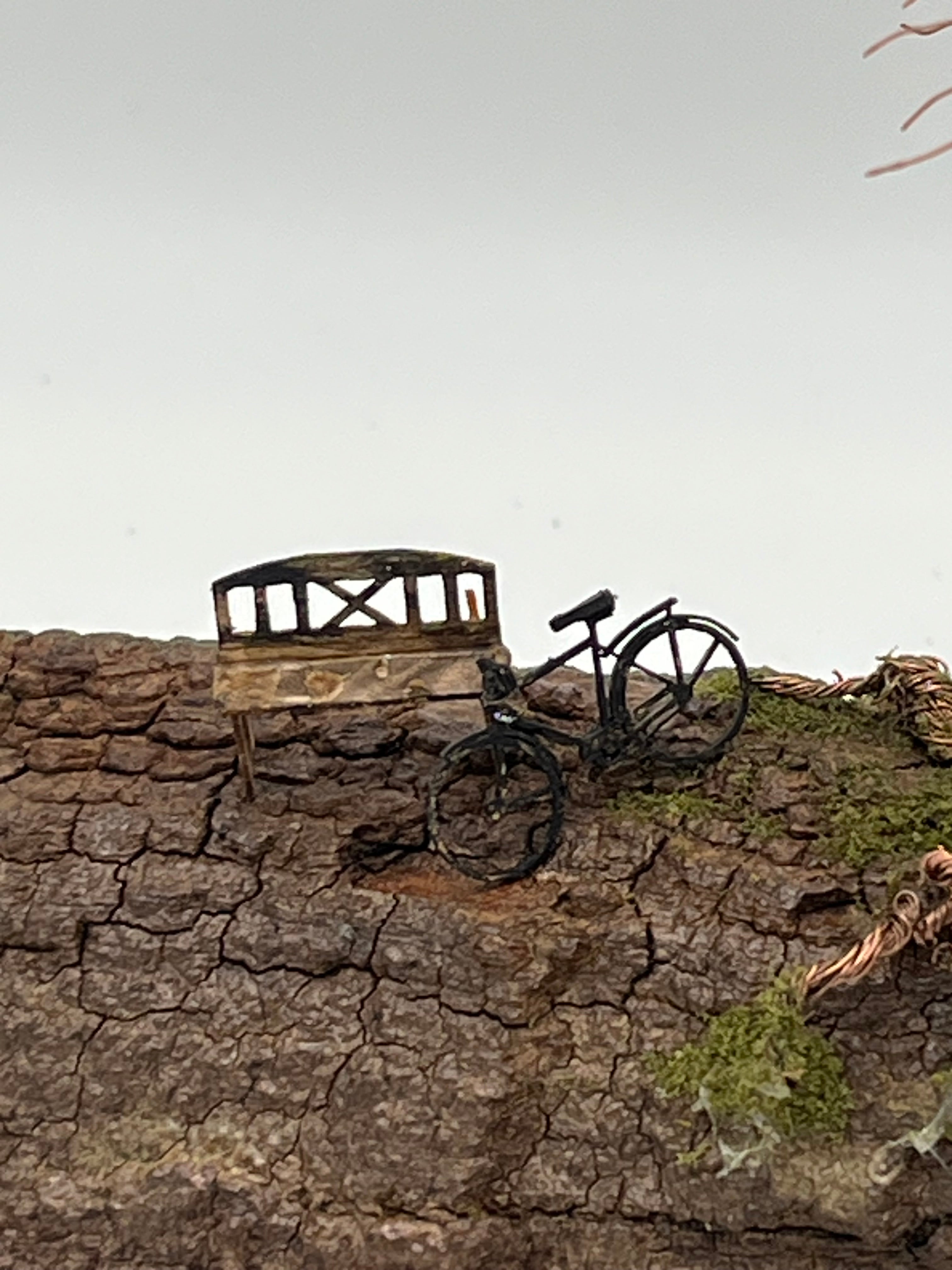 Single Handcrafted miniature copper wire tree on natural bark (RRT004)