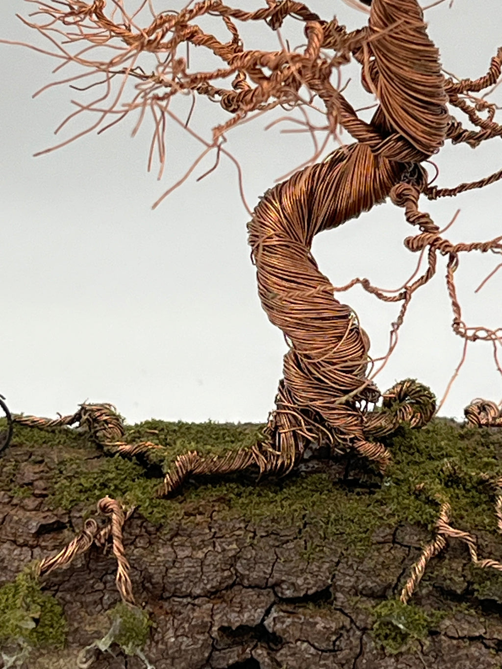 Single Handcrafted miniature copper wire tree on natural bark (RRT004)