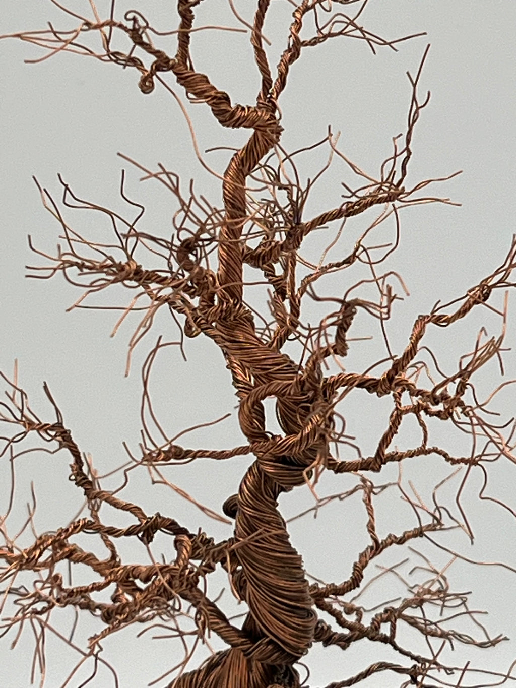 Single Handcrafted miniature copper wire tree on natural bark (RRT004)