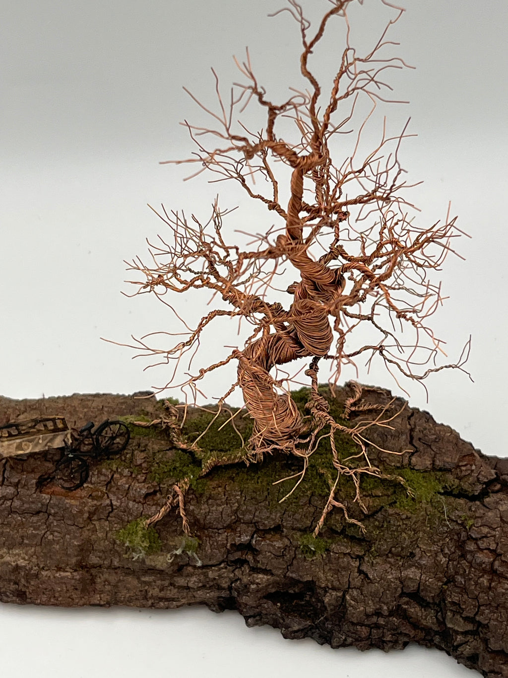 Single Handcrafted miniature copper wire tree on natural bark (RRT004)
