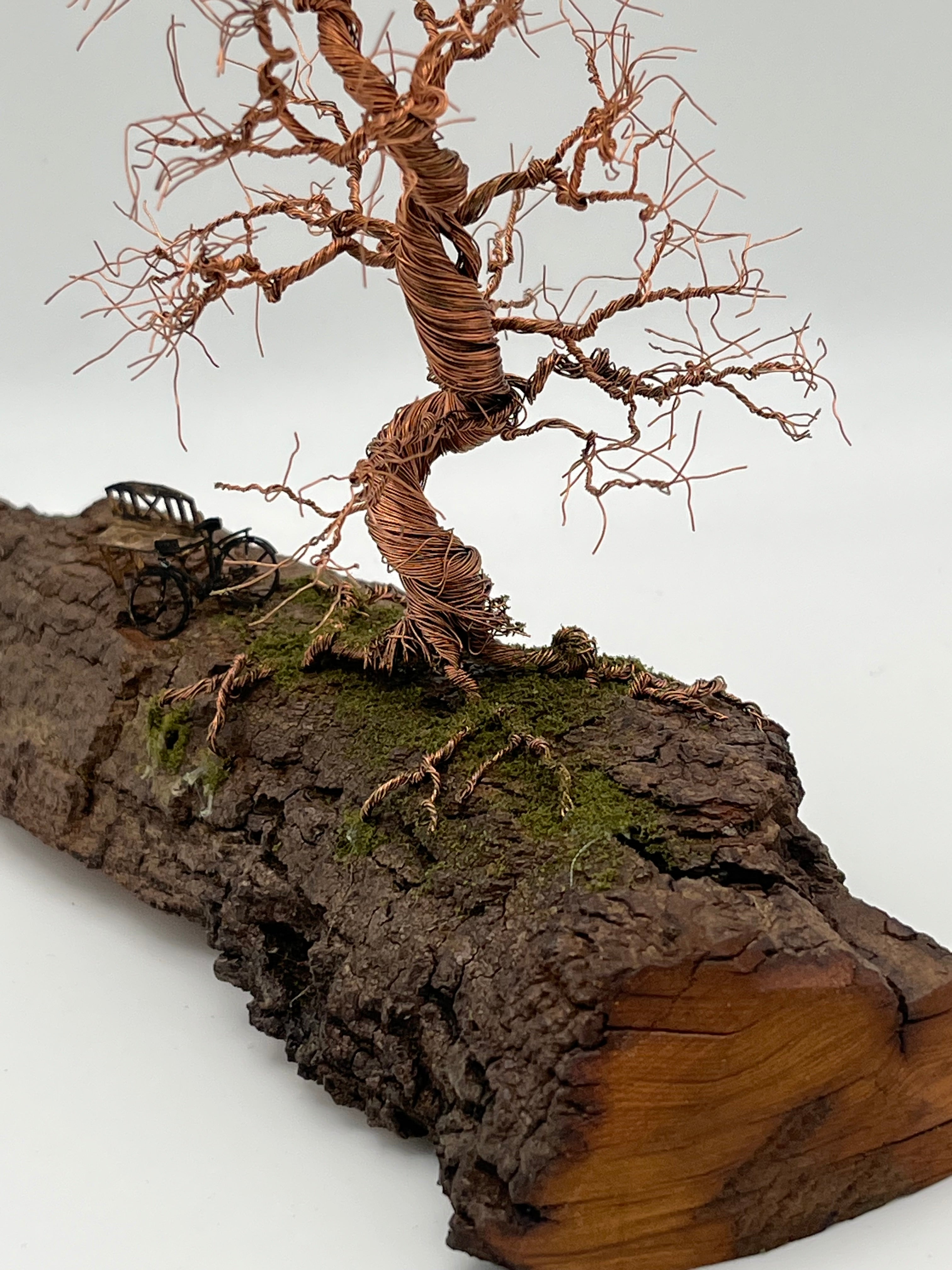 Single Handcrafted miniature copper wire tree on natural bark (RRT004)