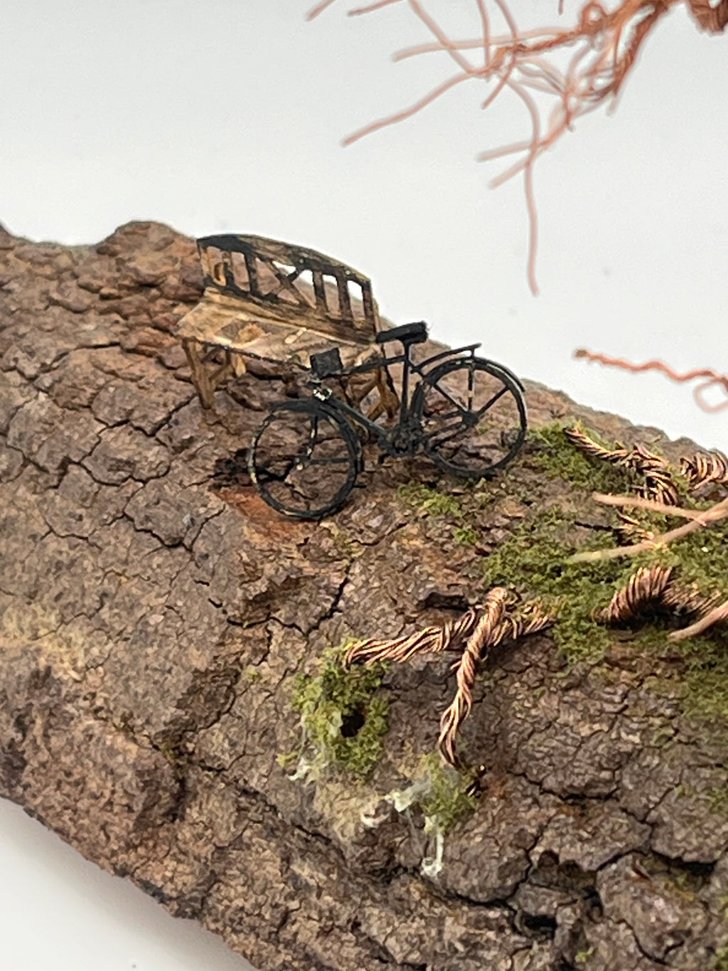 Single Handcrafted miniature copper wire tree on natural bark (RRT004)