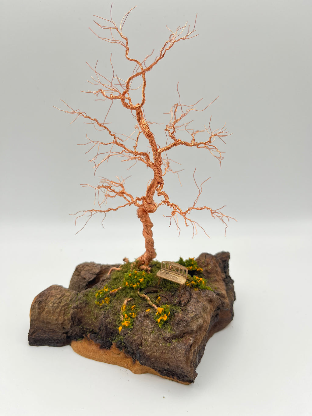 Single Handcrafted miniature copper wire tree on natural bark (RRT005) (Copy)