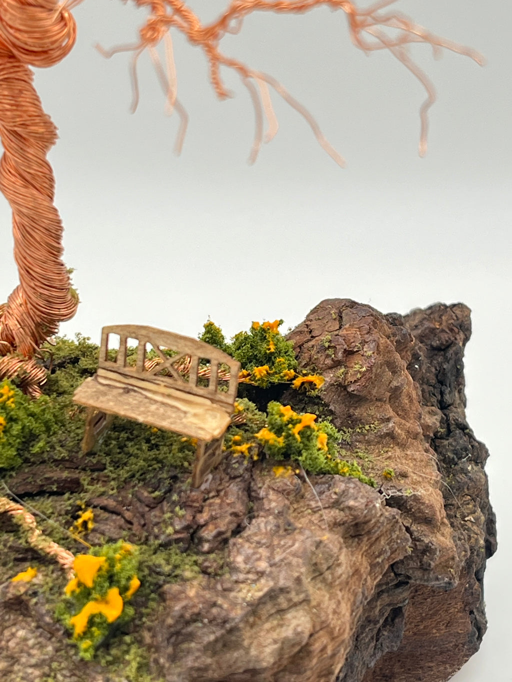 Single Handcrafted miniature copper wire tree on natural bark (RRT005) (Copy)