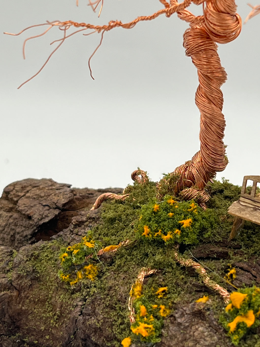 Single Handcrafted miniature copper wire tree on natural bark (RRT005) (Copy)