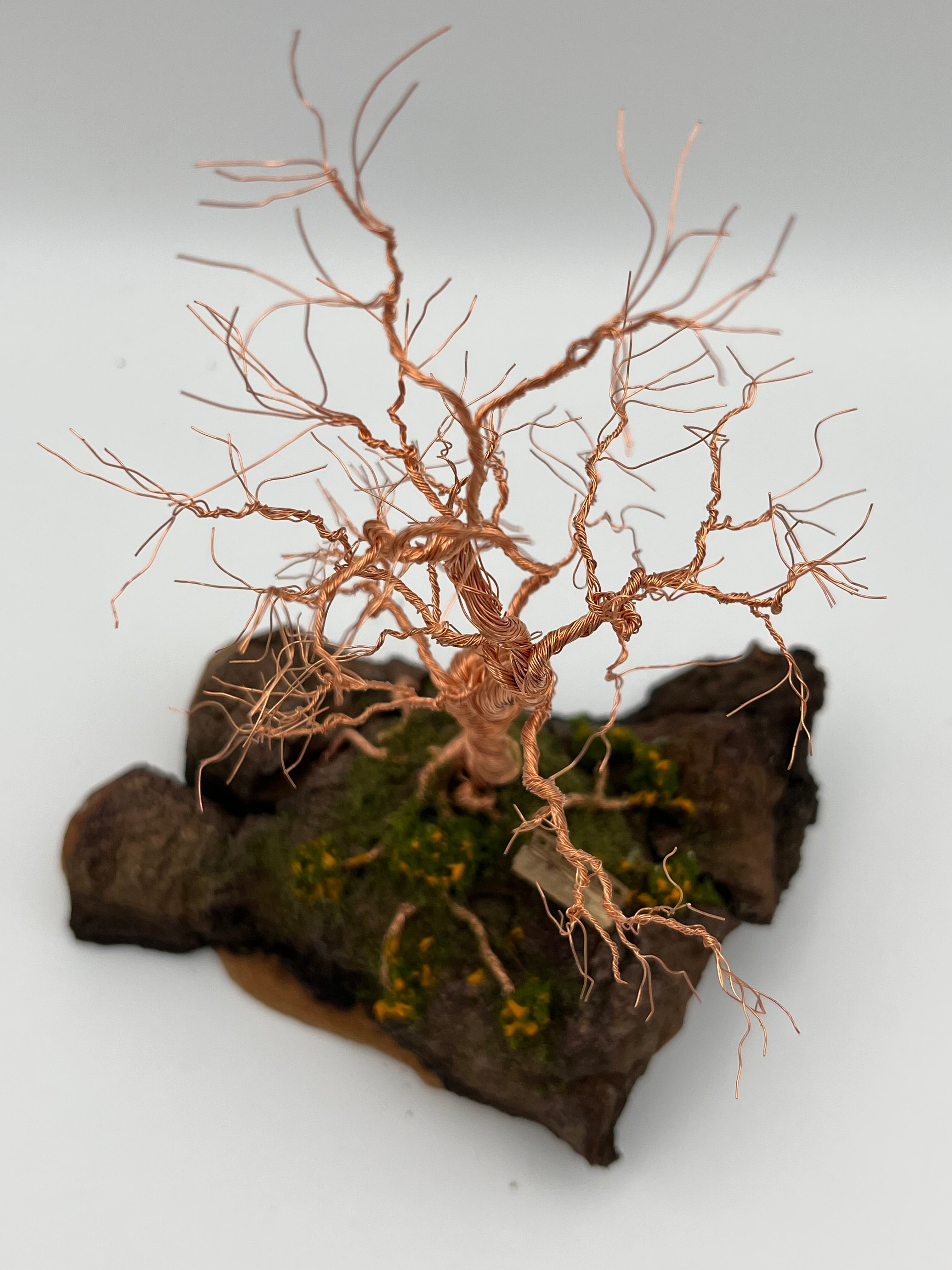 Single Handcrafted miniature copper wire tree on natural bark (RRT005) (Copy)
