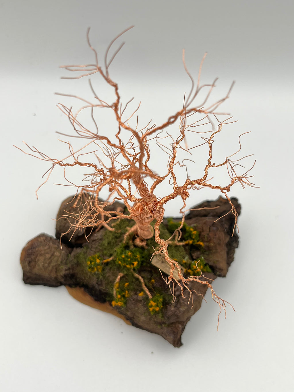 Single Handcrafted miniature copper wire tree on natural bark (RRT005) (Copy)