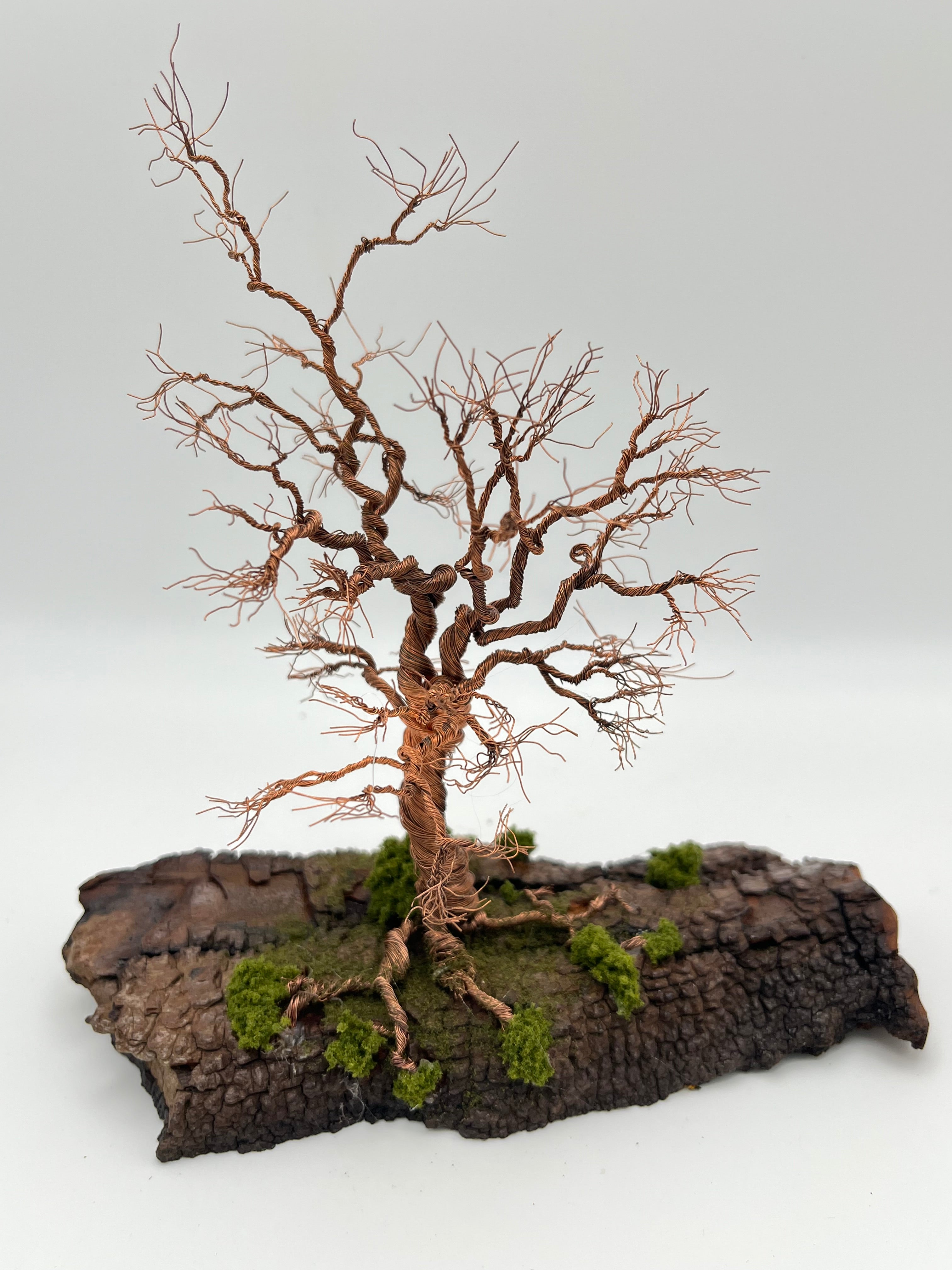Single Handcrafted miniature copper wire tree on natural bark (RRT006)