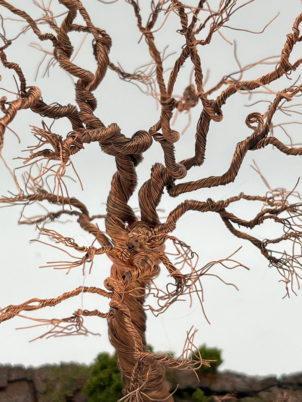 Single Handcrafted miniature copper wire tree on natural bark (RRT006)