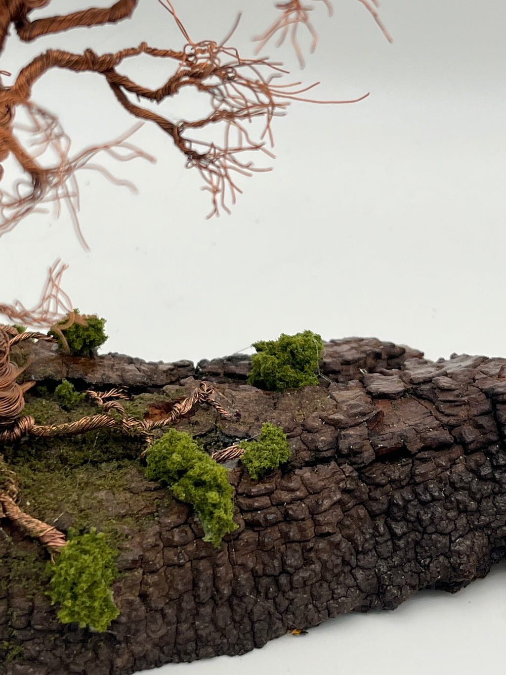 Single Handcrafted miniature copper wire tree on natural bark (RRT006)