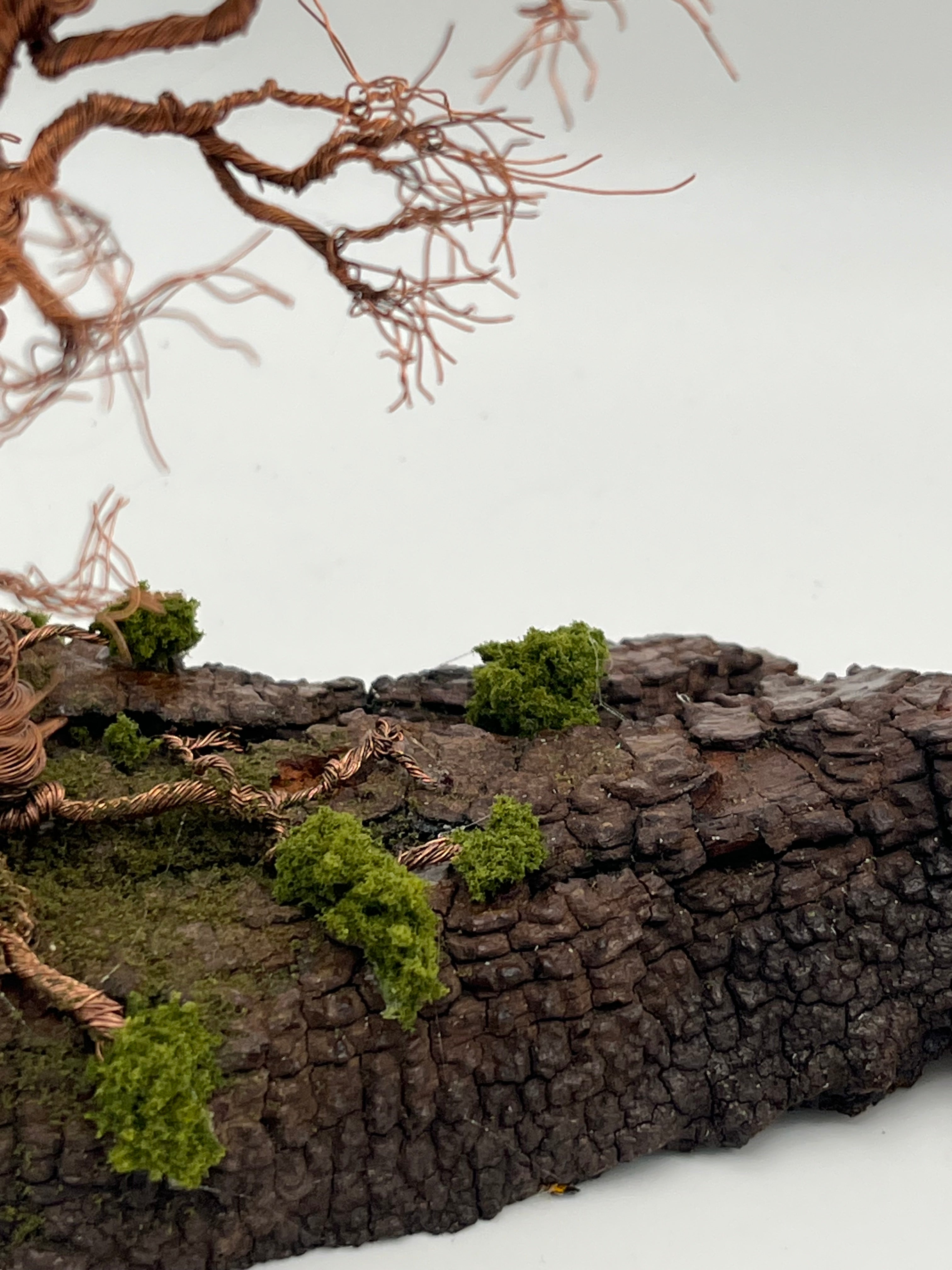 Single Handcrafted miniature copper wire tree on natural bark (RRT006)