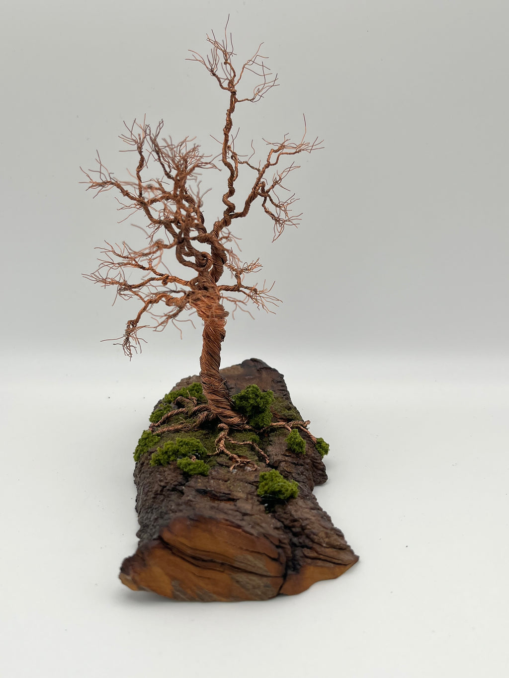 Single Handcrafted miniature copper wire tree on natural bark (RRT006)