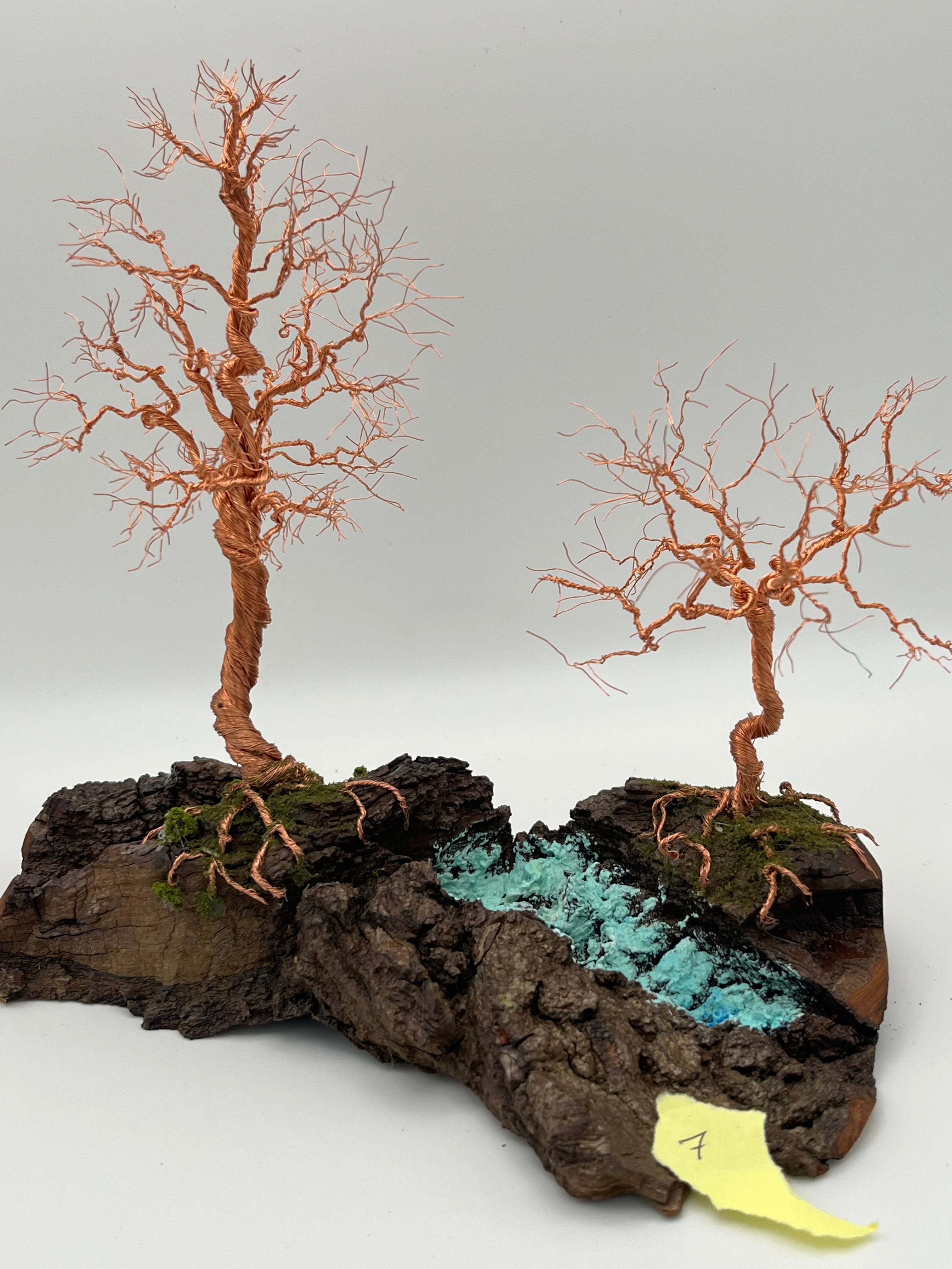Pair of Handcrafted miniature copper wire trees by the water on natural bark (RRT007)