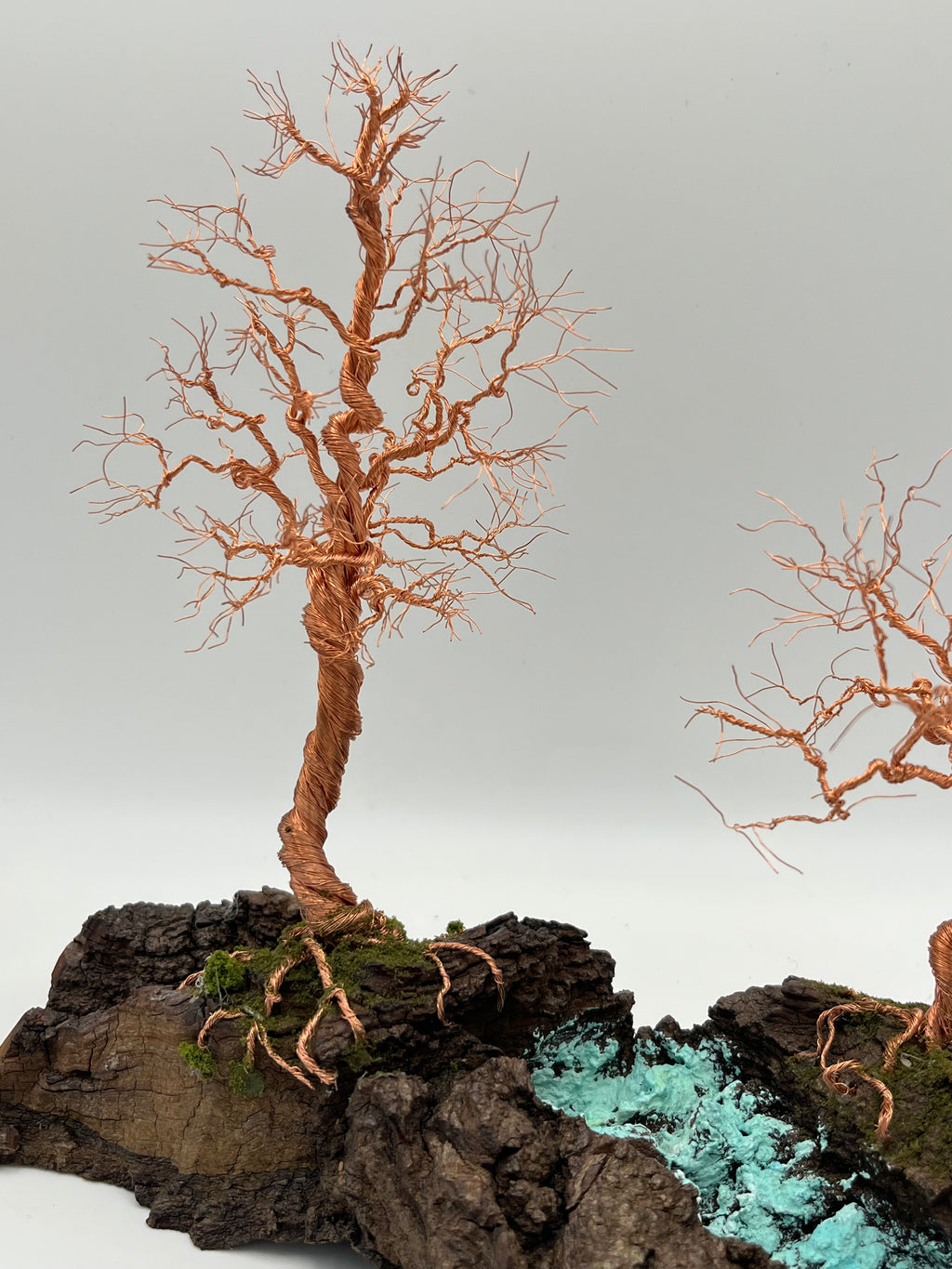 Pair of Handcrafted miniature copper wire trees by the water on natural bark (RRT007)