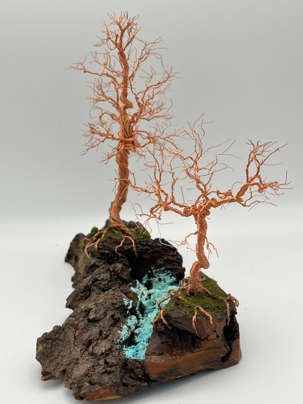 Pair of Handcrafted miniature copper wire trees by the water on natural bark (RRT007)