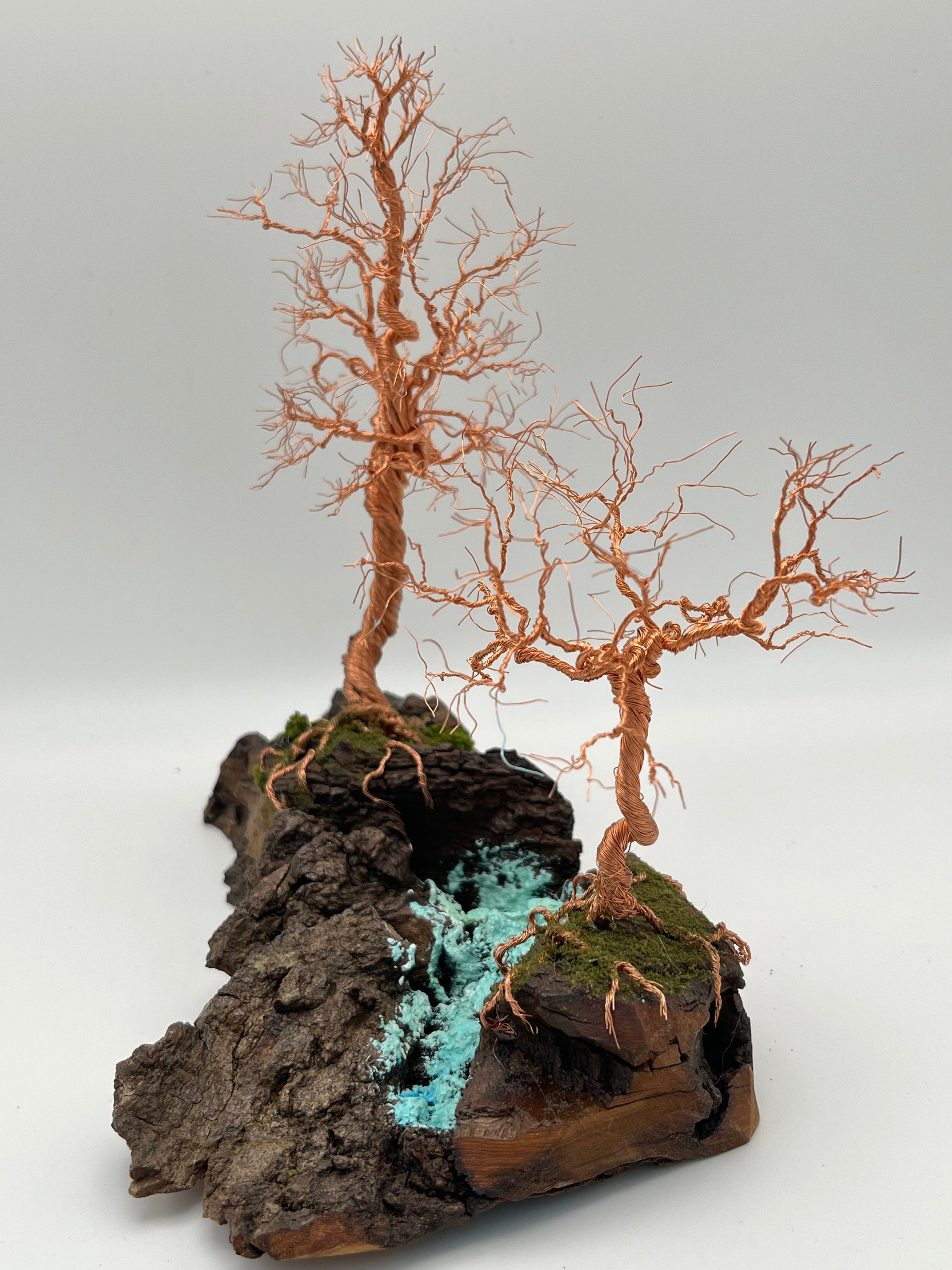 Pair of Handcrafted miniature copper wire trees by the water on natural bark (RRT007)