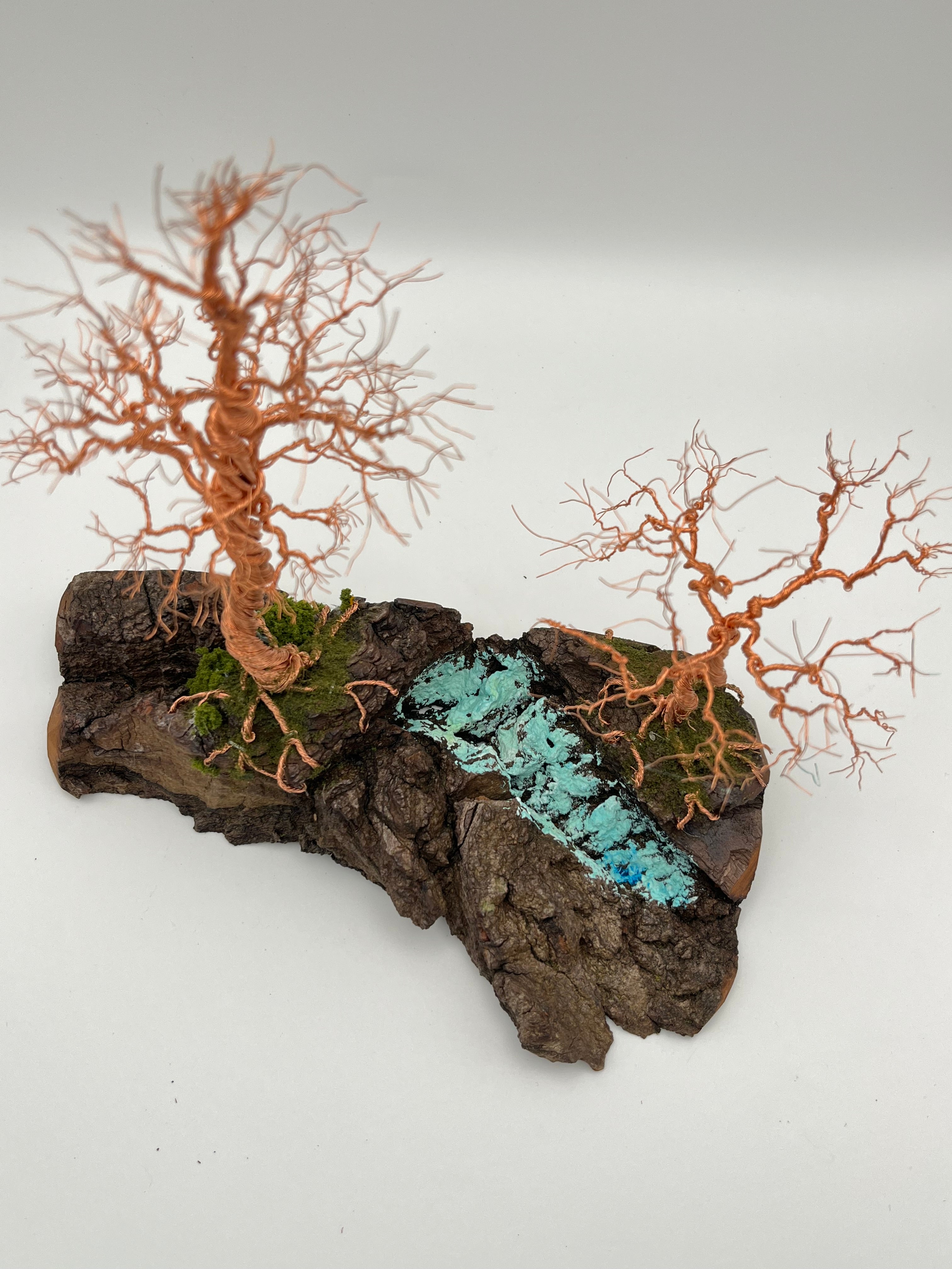 Pair of Handcrafted miniature copper wire trees by the water on natural bark (RRT007)