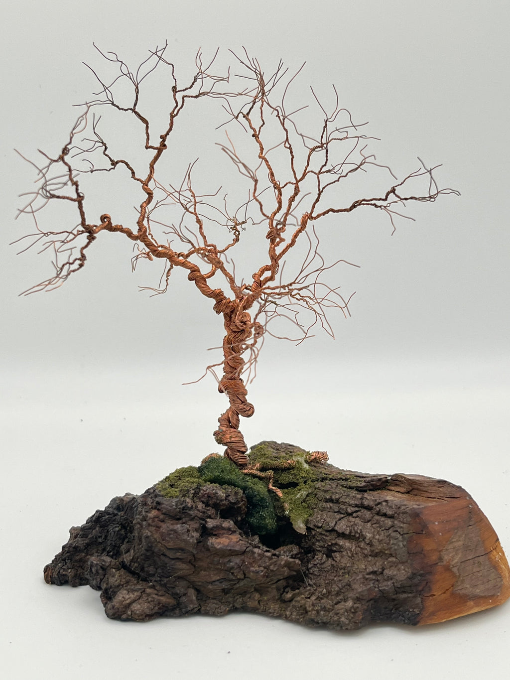 Single Handcrafted miniature copper wire tree on natural bark (RRT008)
