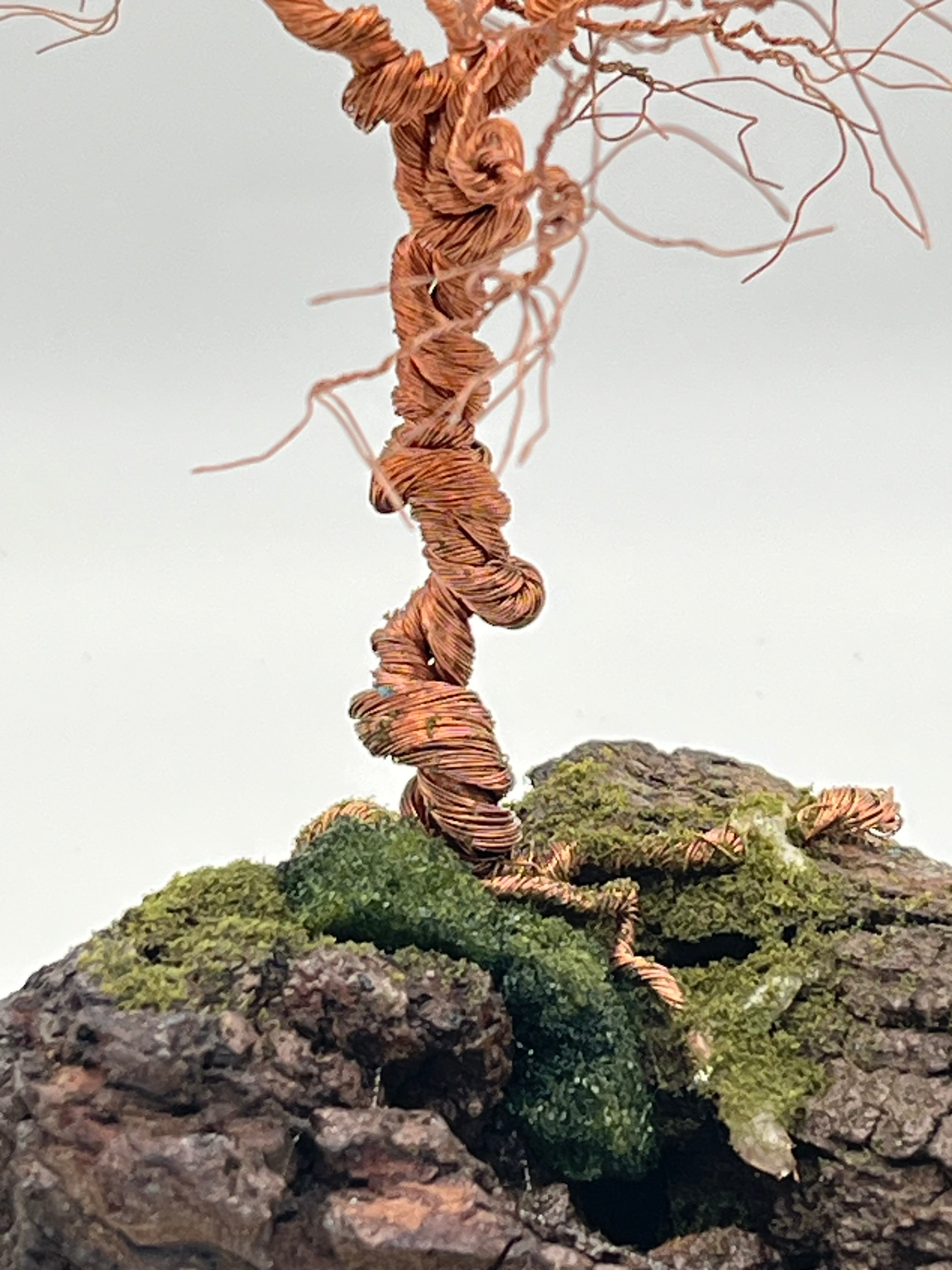 Single Handcrafted miniature copper wire tree on natural bark (RRT008)